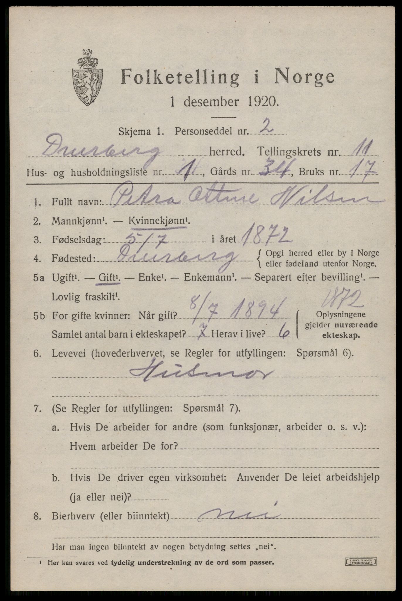 SAT, 1920 census for Dverberg, 1920, p. 8776