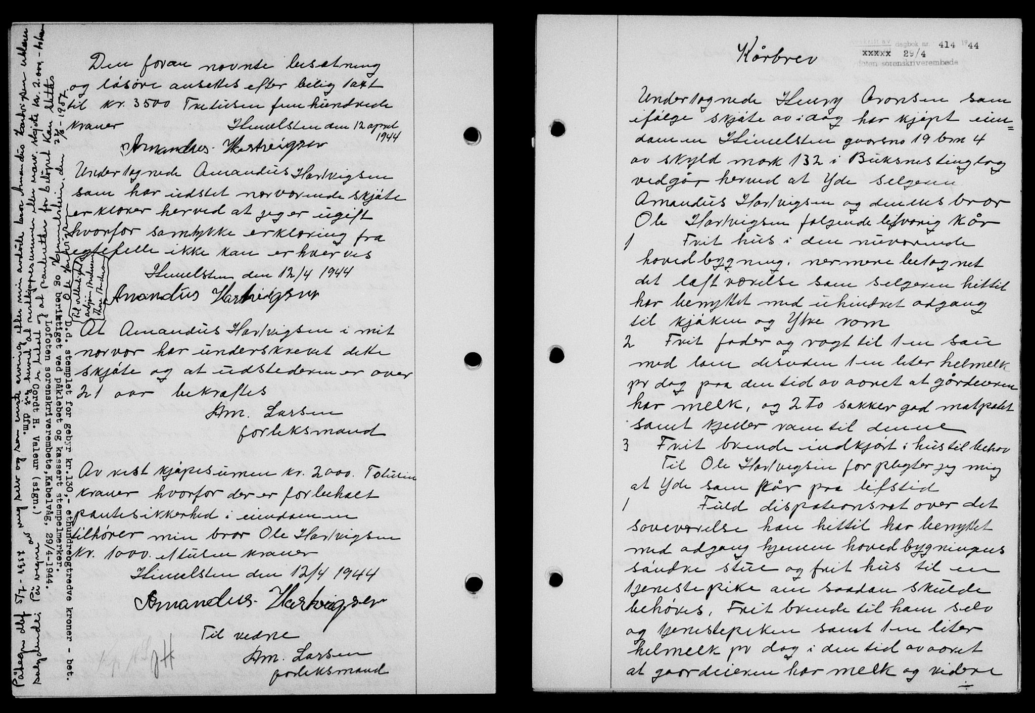 Lofoten sorenskriveri, SAT/A-0017/1/2/2C/L0012a: Mortgage book no. 12a, 1943-1944, Diary no: : 414/1944