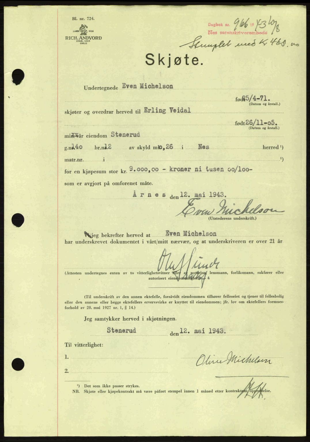 Nes tingrett, AV/SAO-A-10548/G/Gb/Gbb/L0015: Mortgage book no. 59, 1943-1943, Diary no: : 966/1943