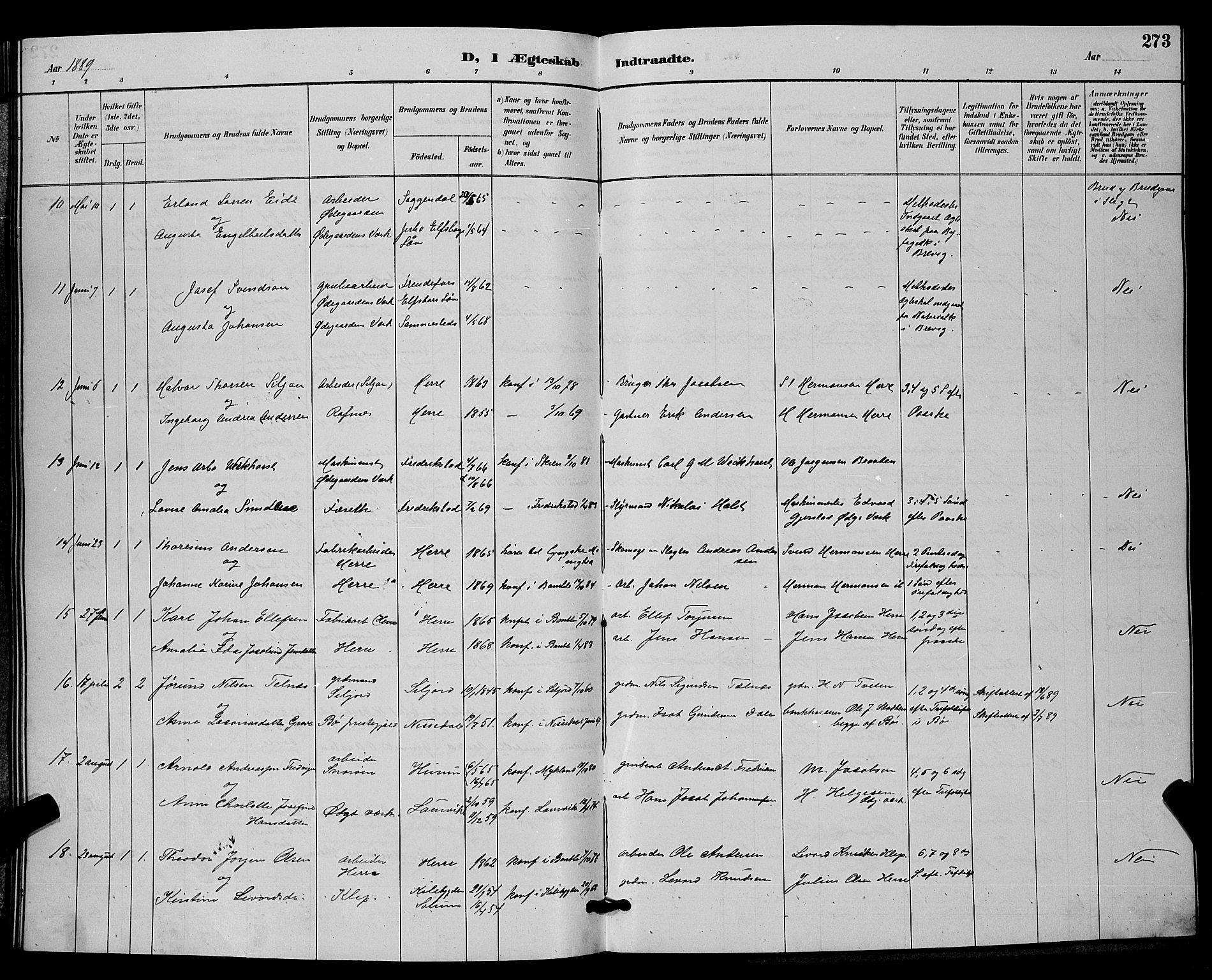 Bamble kirkebøker, SAKO/A-253/G/Ga/L0009: Parish register (copy) no. I 9, 1888-1900, p. 273