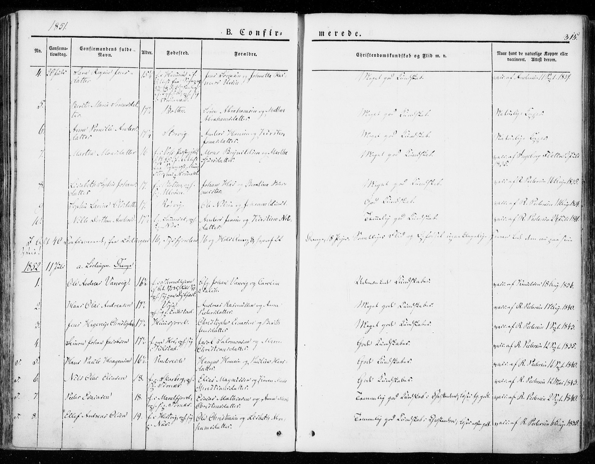 Ministerialprotokoller, klokkerbøker og fødselsregistre - Nordland, SAT/A-1459/872/L1033: Parish register (official) no. 872A08, 1840-1863, p. 315