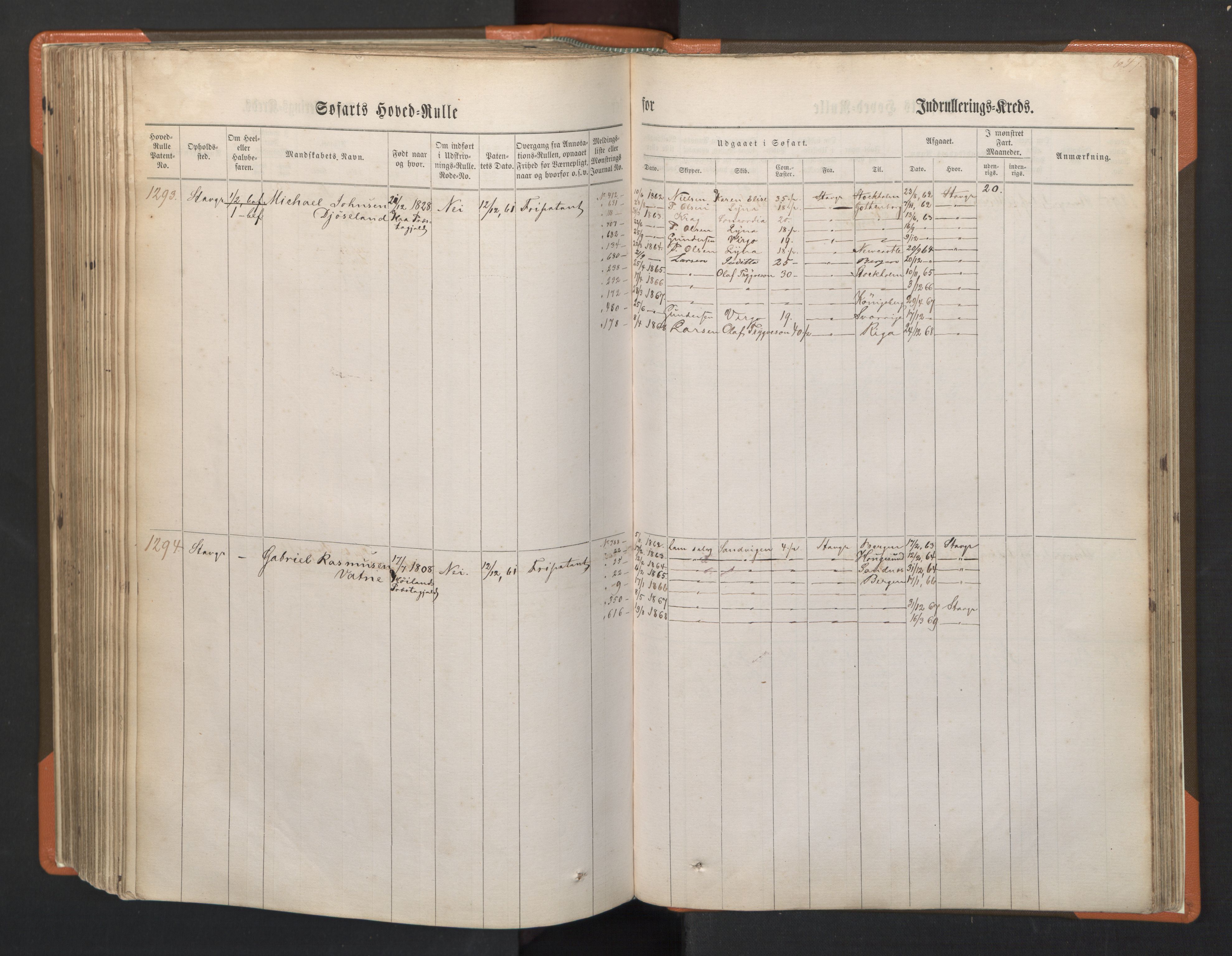 Stavanger sjømannskontor, AV/SAST-A-102006/F/Fb/Fbb/L0002: Sjøfartshovedrulle, patentnr. 721-1450 (del 2), 1863, p. 295