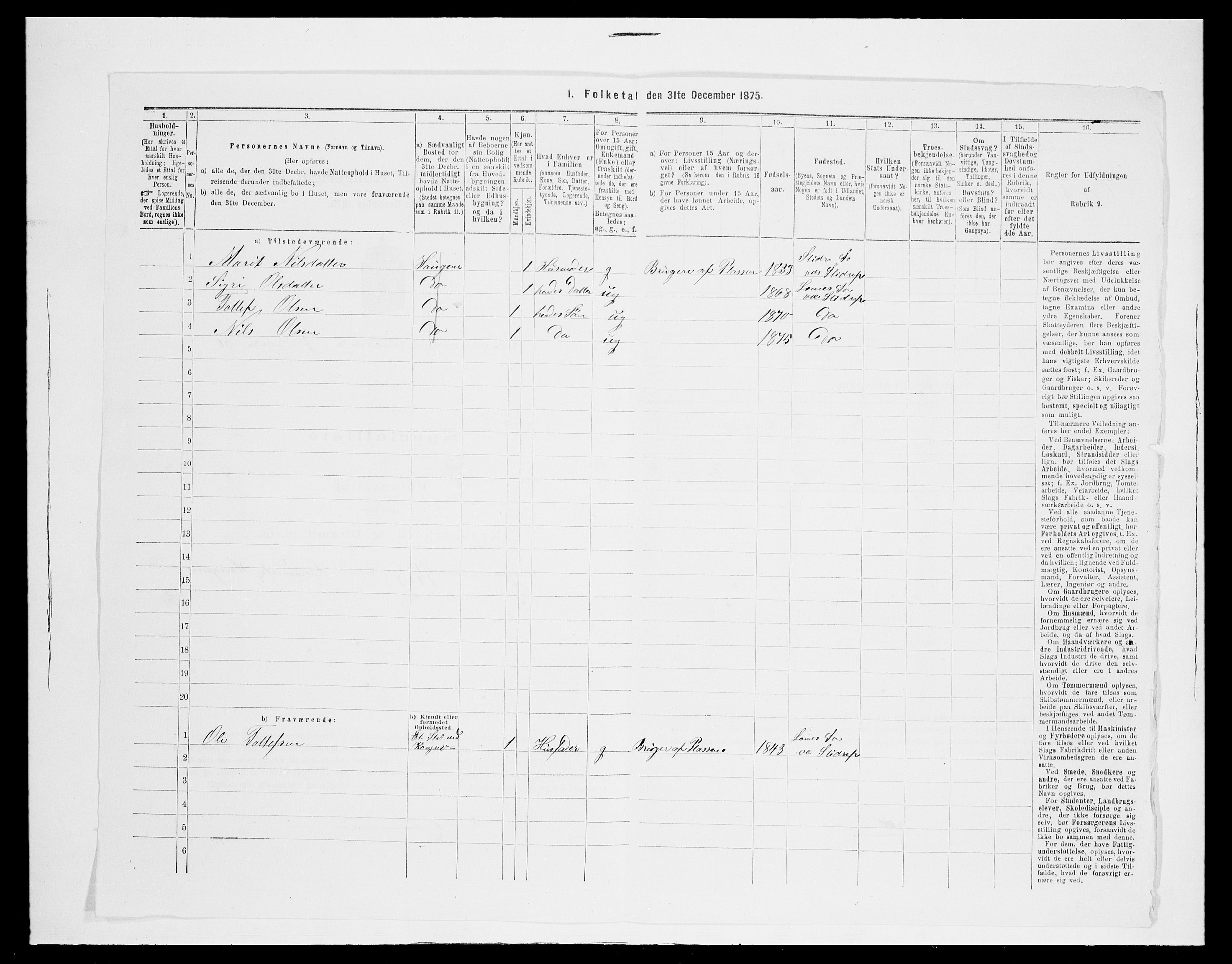 SAH, 1875 census for 0543P Vestre Slidre, 1875, p. 188