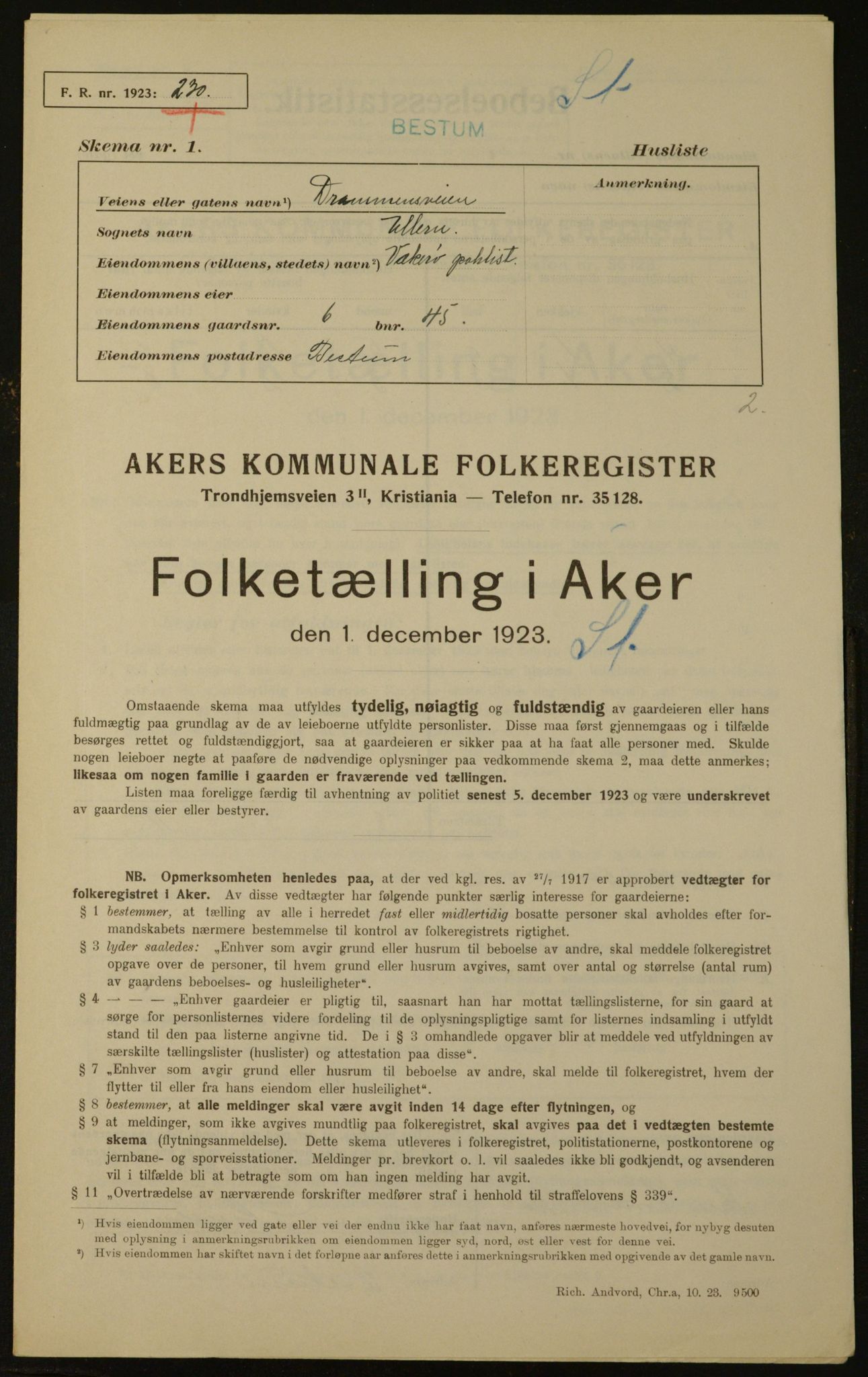 , Municipal Census 1923 for Aker, 1923, p. 1503