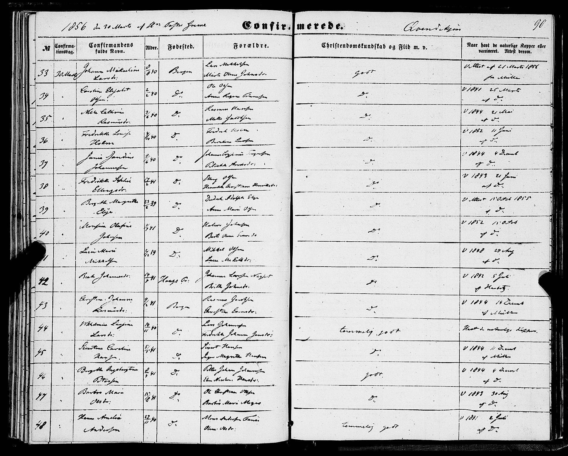 Domkirken sokneprestembete, AV/SAB-A-74801/H/Haa/L0028: Parish register (official) no. C 3, 1852-1864, p. 90