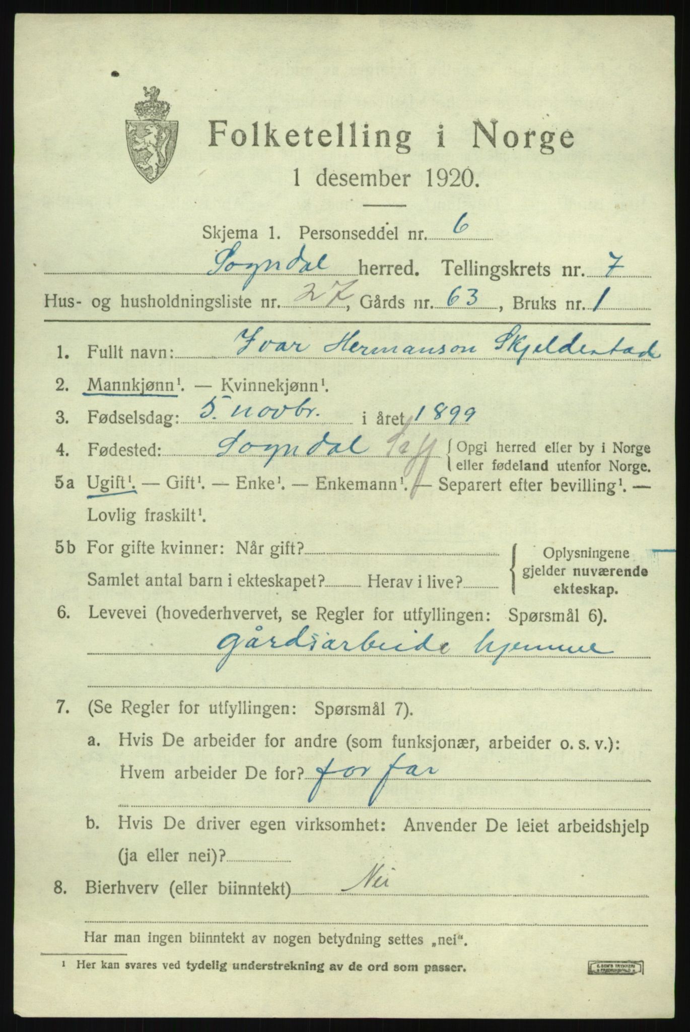 SAB, 1920 census for Sogndal, 1920, p. 3709