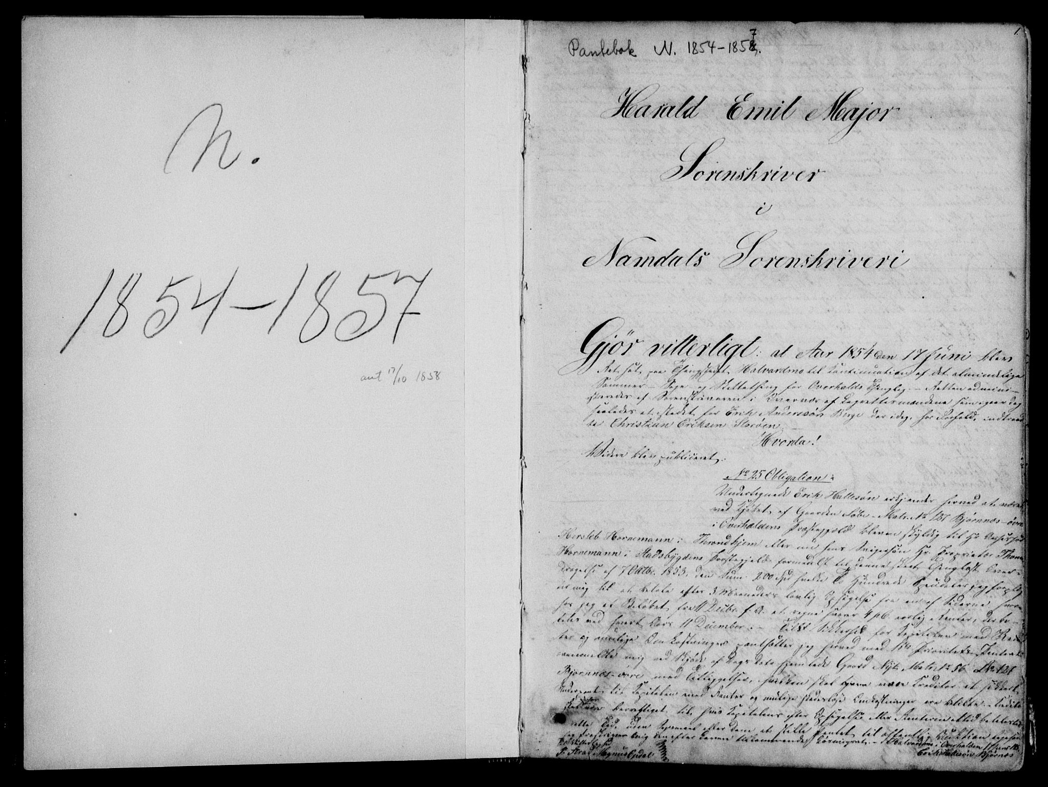 Namdal sorenskriveri, SAT/A-4133/1/2/2C/L0018: Mortgage book no. N, 1854-1857, p. 1
