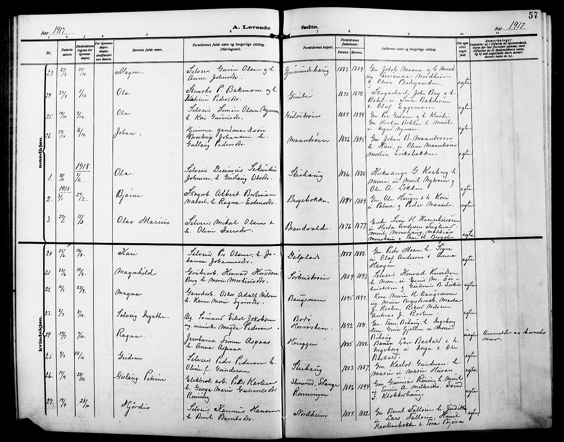 Alvdal prestekontor, SAH/PREST-060/H/Ha/Hab/L0005: Parish register (copy) no. 5, 1908-1923, p. 57