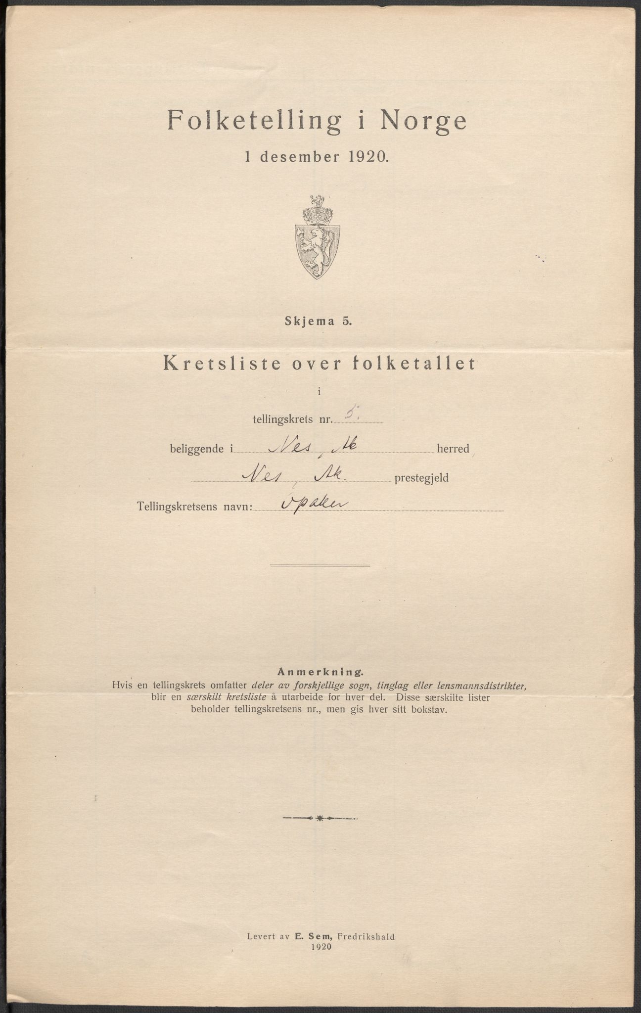 SAO, 1920 census for Nes, 1920, p. 20