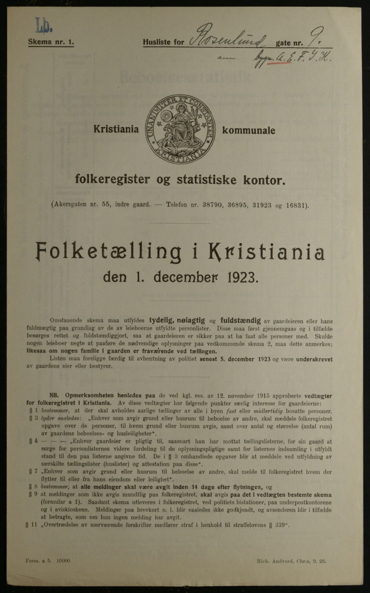OBA, Municipal Census 1923 for Kristiania, 1923, p. 92918