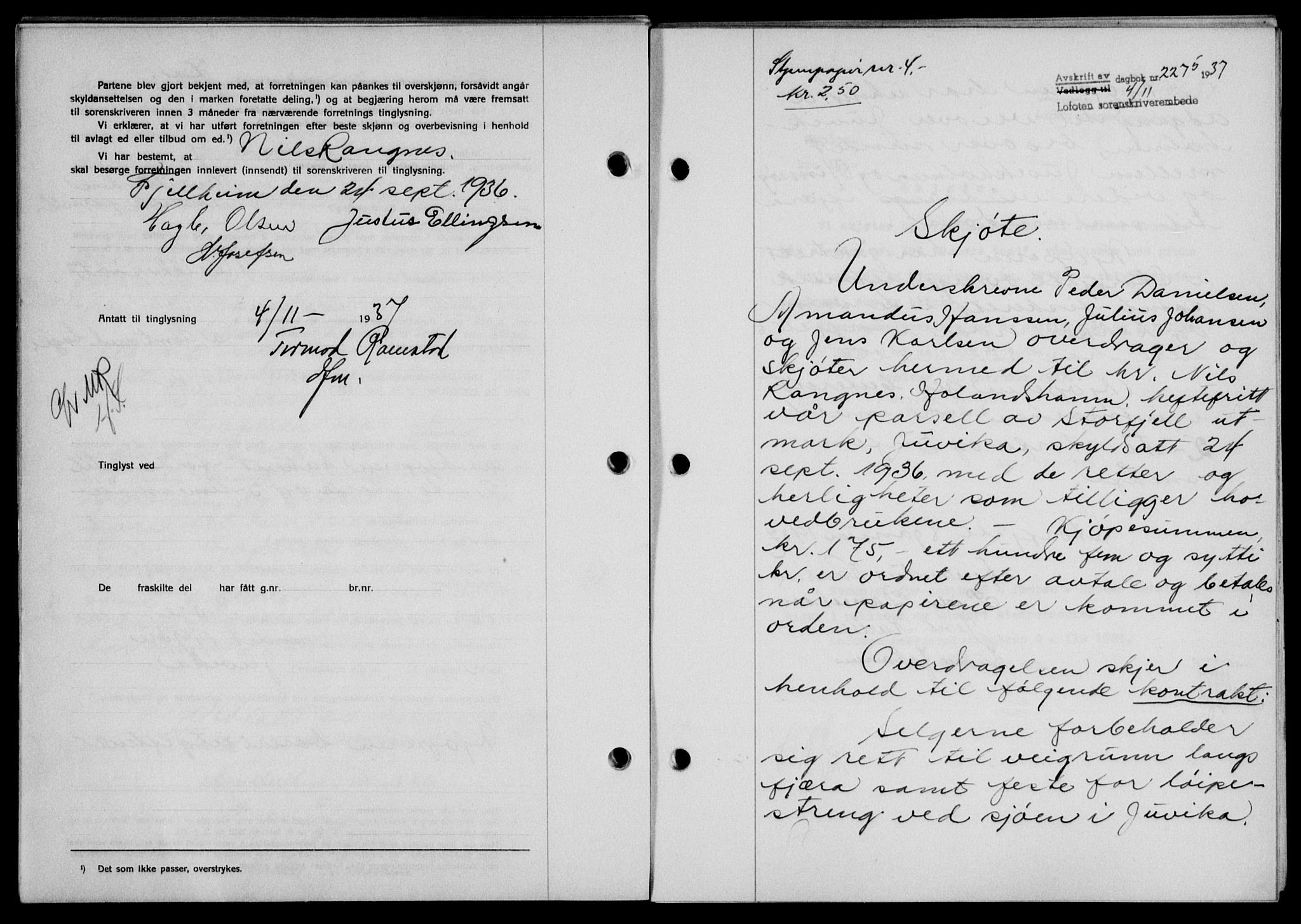 Lofoten sorenskriveri, SAT/A-0017/1/2/2C/L0003a: Mortgage book no. 3a, 1937-1938, Diary no: : 2275/1937