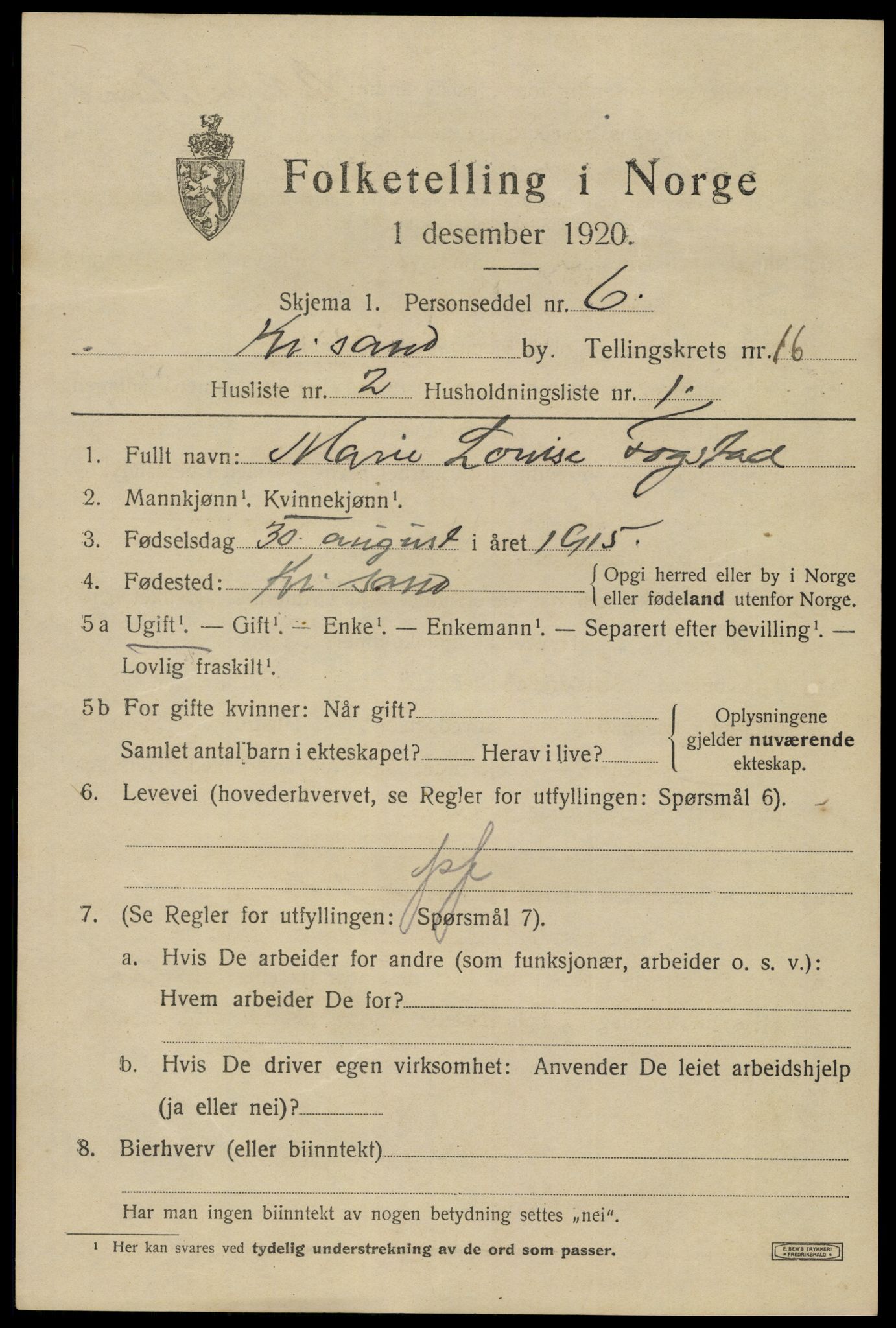 SAK, 1920 census for Kristiansand, 1920, p. 31405