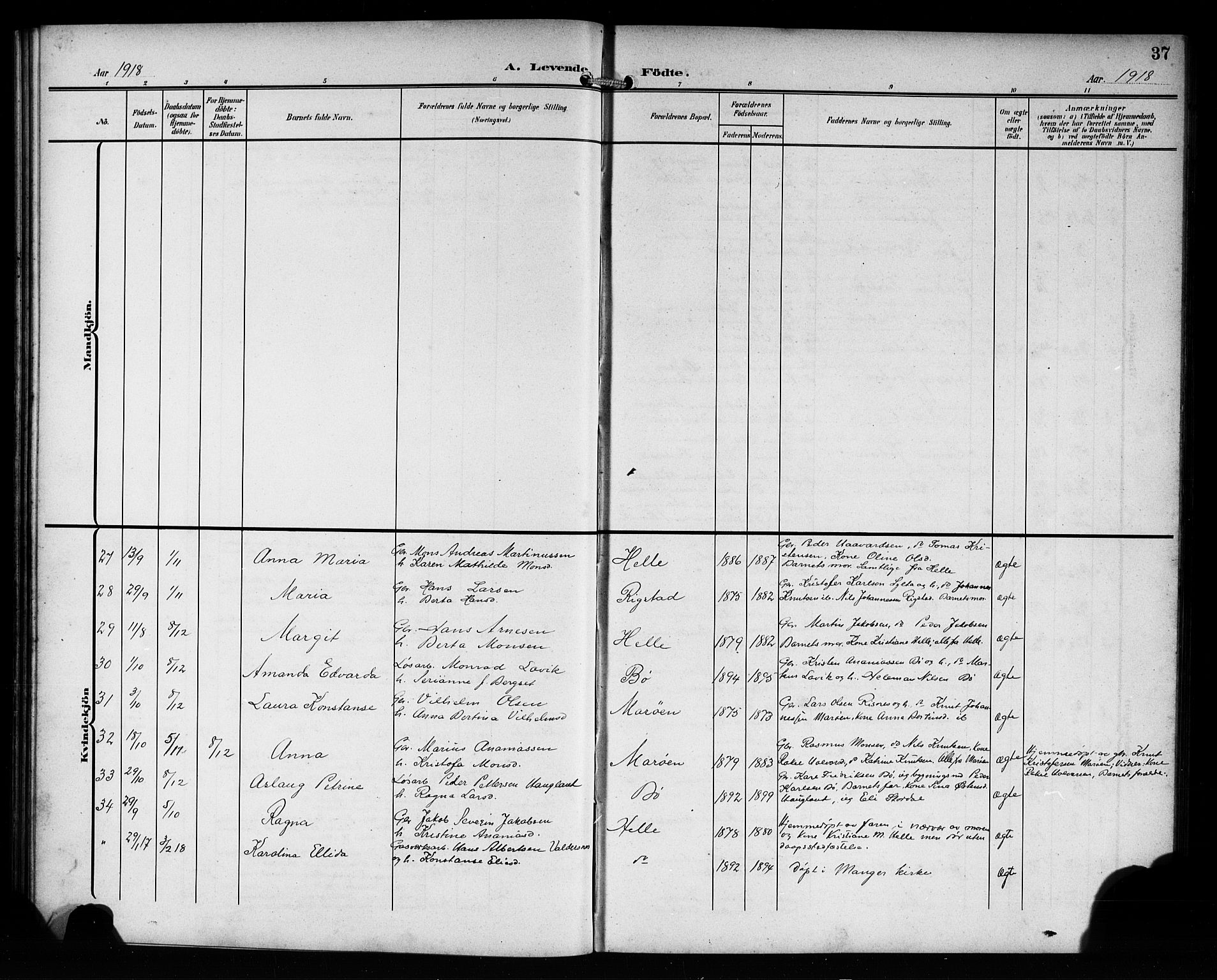 Manger sokneprestembete, SAB/A-76801/H/Hab: Parish register (copy) no. B 4, 1907-1922, p. 37