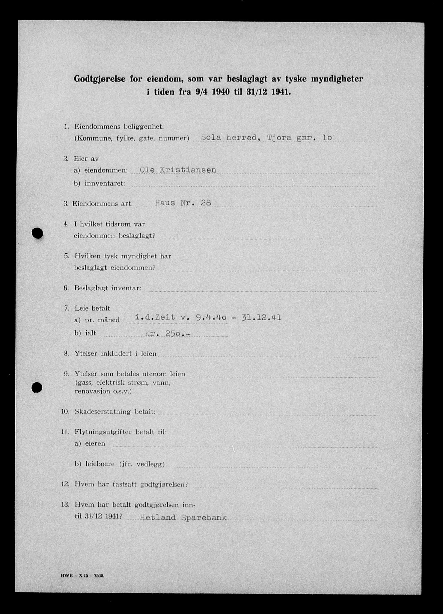 Justisdepartementet, Tilbakeføringskontoret for inndratte formuer, AV/RA-S-1564/I/L1014: Godtgjørelse for beslaglagt eiendom, 1940-1941, p. 467