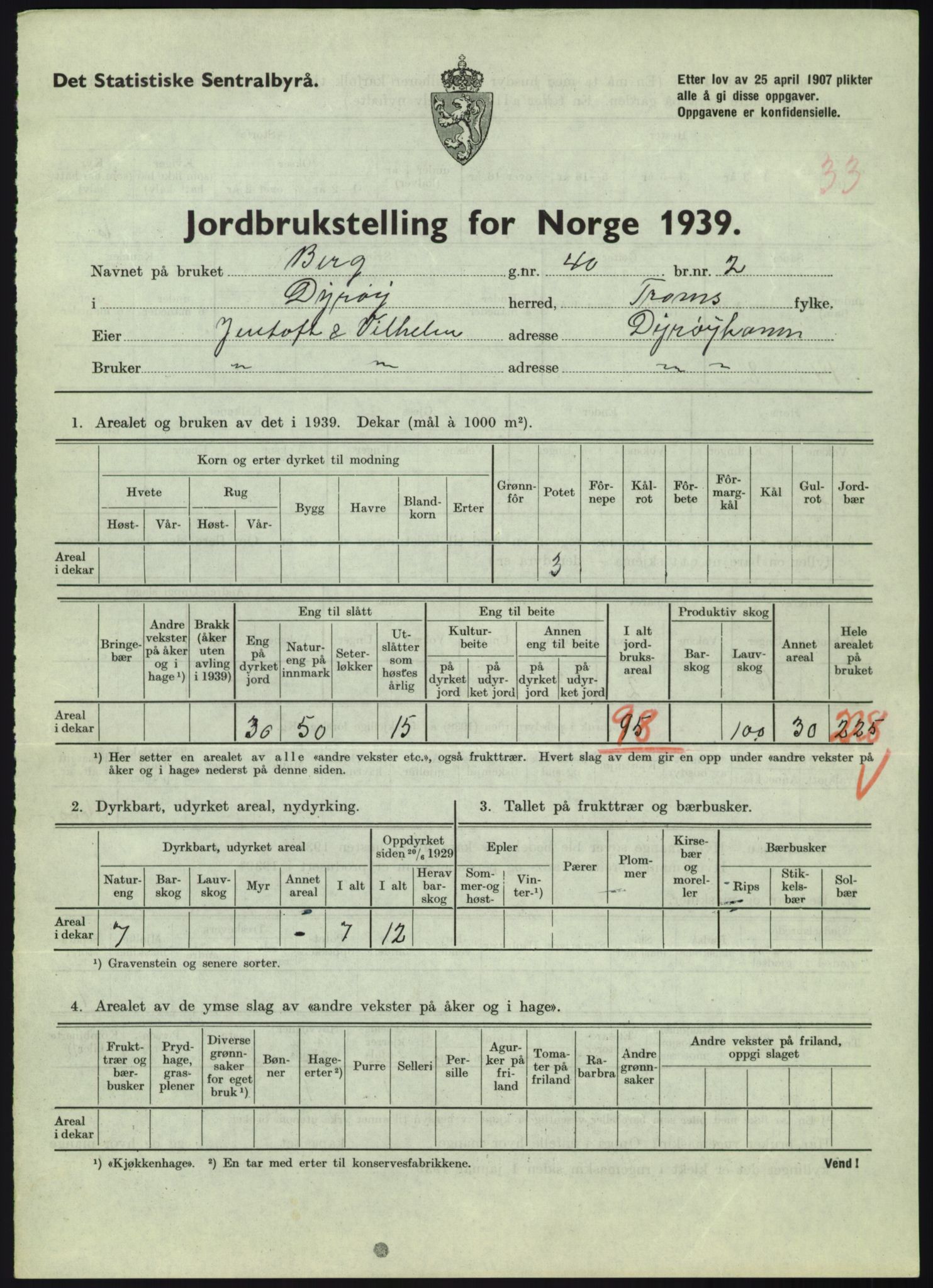Statistisk sentralbyrå, Næringsøkonomiske emner, Jordbruk, skogbruk, jakt, fiske og fangst, AV/RA-S-2234/G/Gb/L0340: Troms: Salangen og Dyrøy, 1939, p. 1525