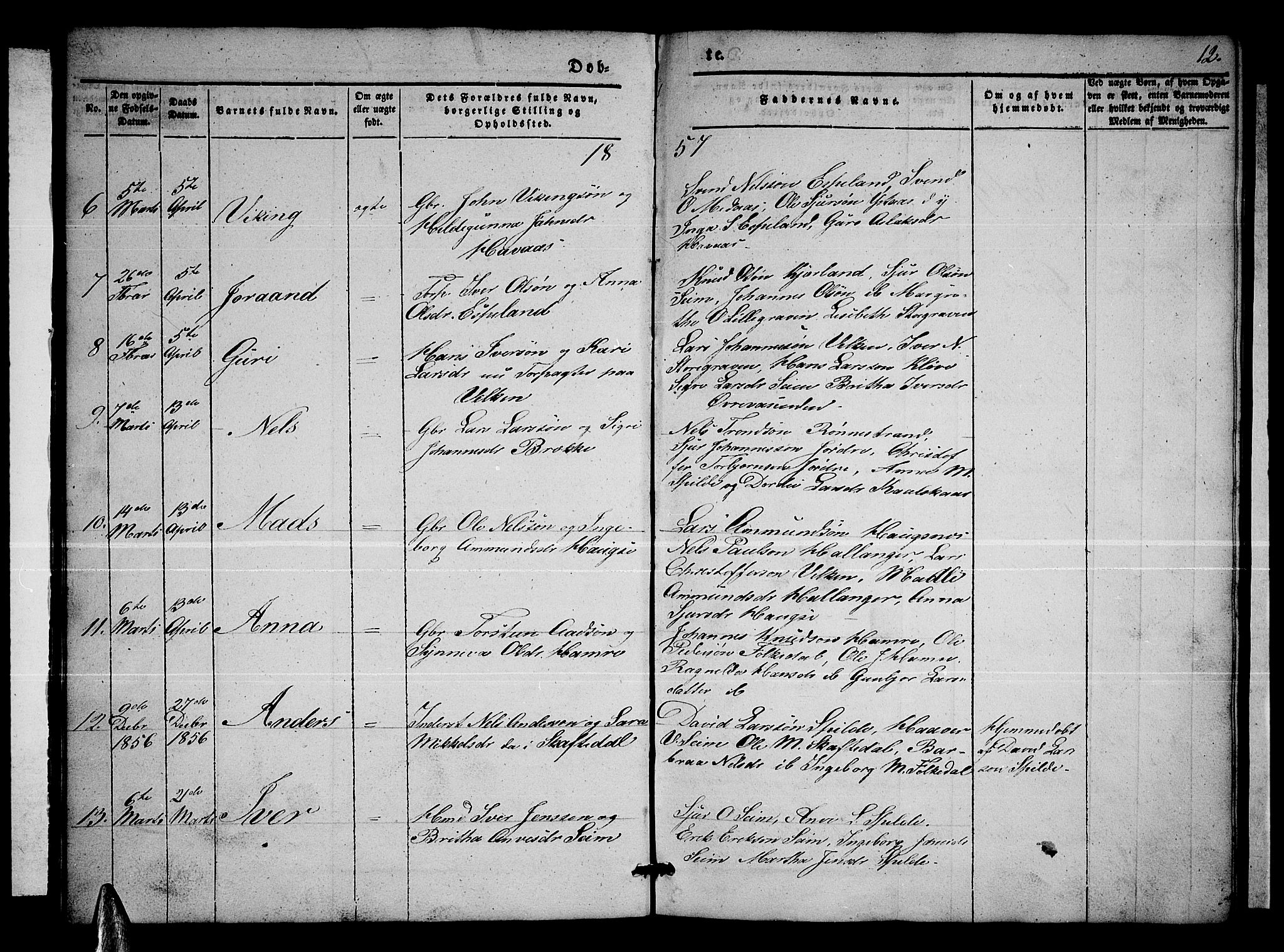 Ulvik sokneprestembete, SAB/A-78801/H/Hab: Parish register (copy) no. B 1, 1855-1868, p. 12