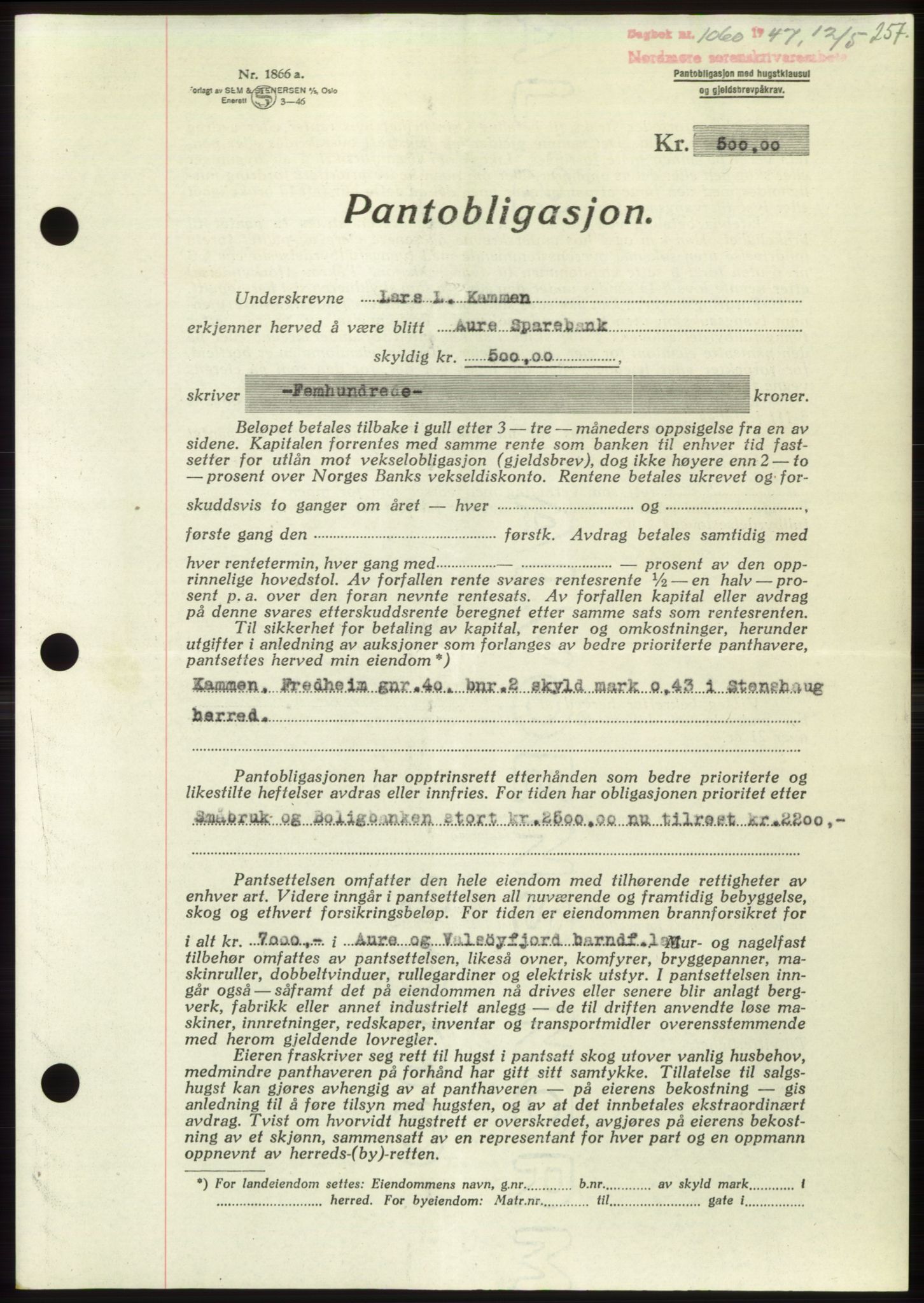 Nordmøre sorenskriveri, AV/SAT-A-4132/1/2/2Ca: Mortgage book no. B96, 1947-1947, Diary no: : 1060/1947