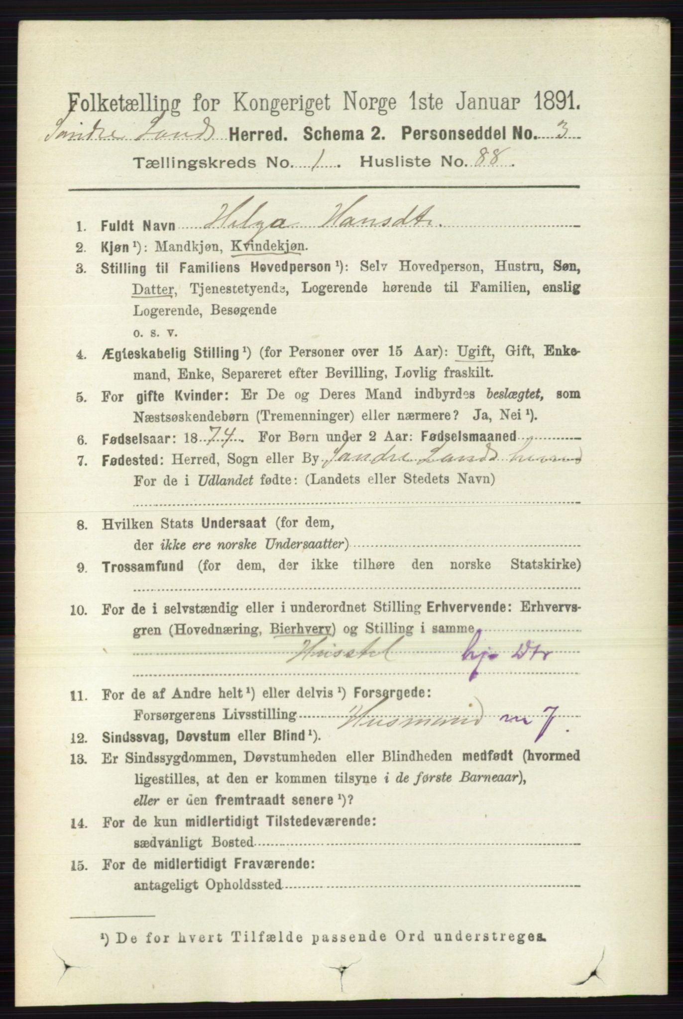 RA, 1891 census for 0536 Søndre Land, 1891, p. 751