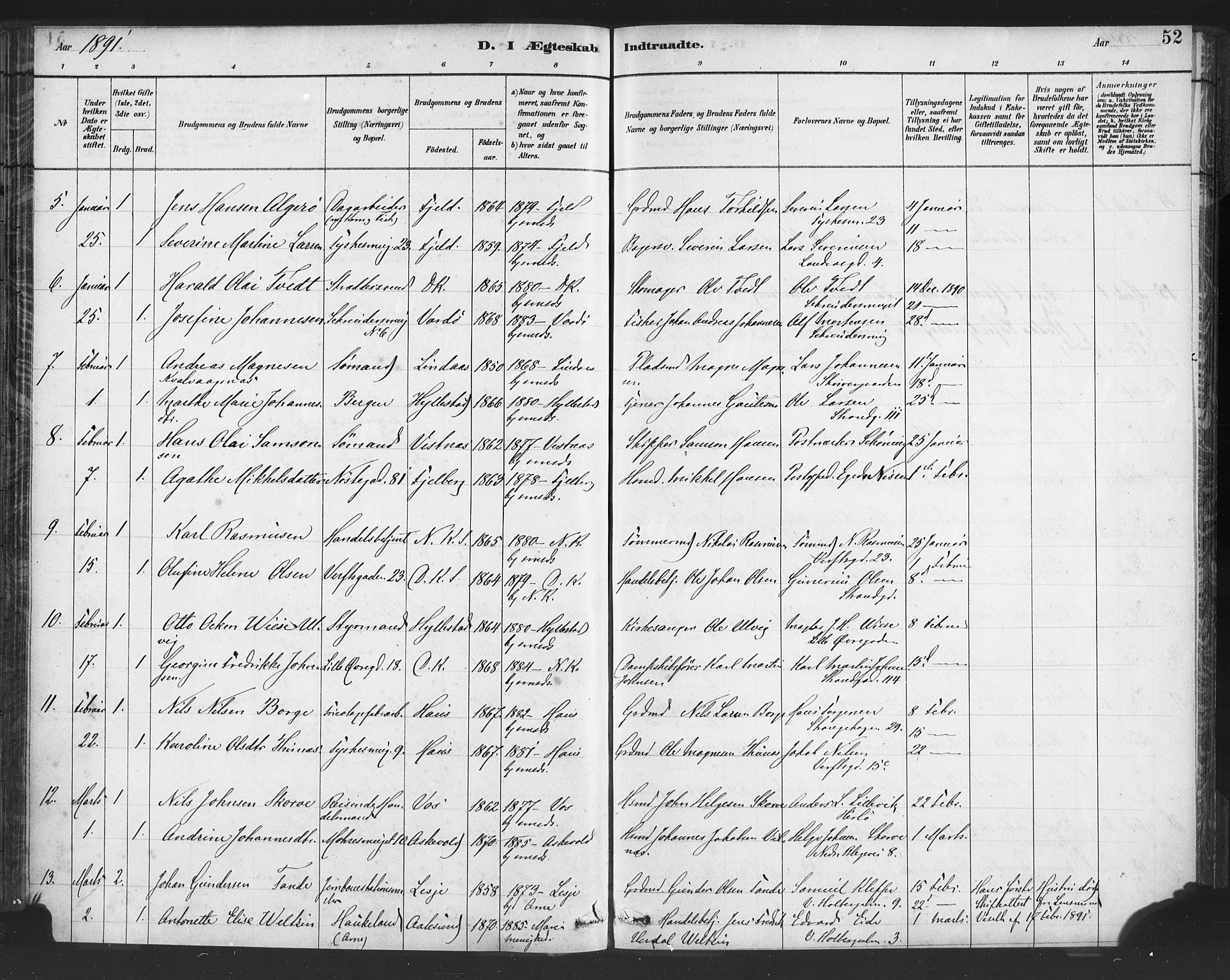 Nykirken Sokneprestembete, AV/SAB-A-77101/H/Haa/L0033: Parish register (official) no. D 3, 1884-1895, p. 52