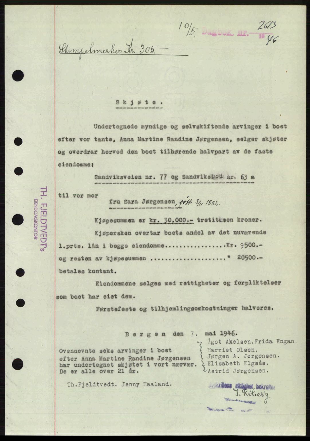 Byfogd og Byskriver i Bergen, SAB/A-3401/03/03Bc/L0022: Mortgage book no. A18, 1946-1946, Diary no: : 2613/1946