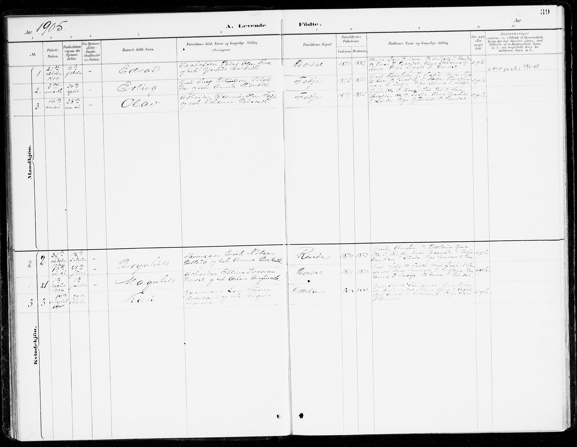 Leikanger sokneprestembete, AV/SAB-A-81001/H/Haa/Haad/L0001: Parish register (official) no. D 1, 1887-1922, p. 39