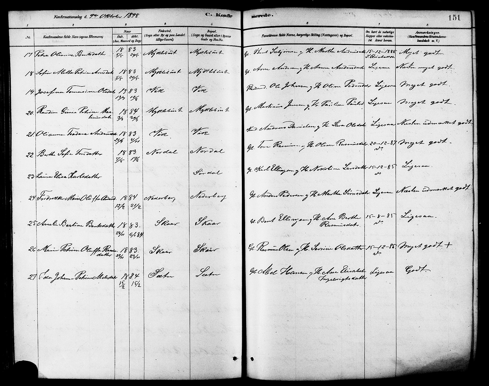 Ministerialprotokoller, klokkerbøker og fødselsregistre - Møre og Romsdal, AV/SAT-A-1454/502/L0027: Parish register (copy) no. 502C01, 1878-1908, p. 151