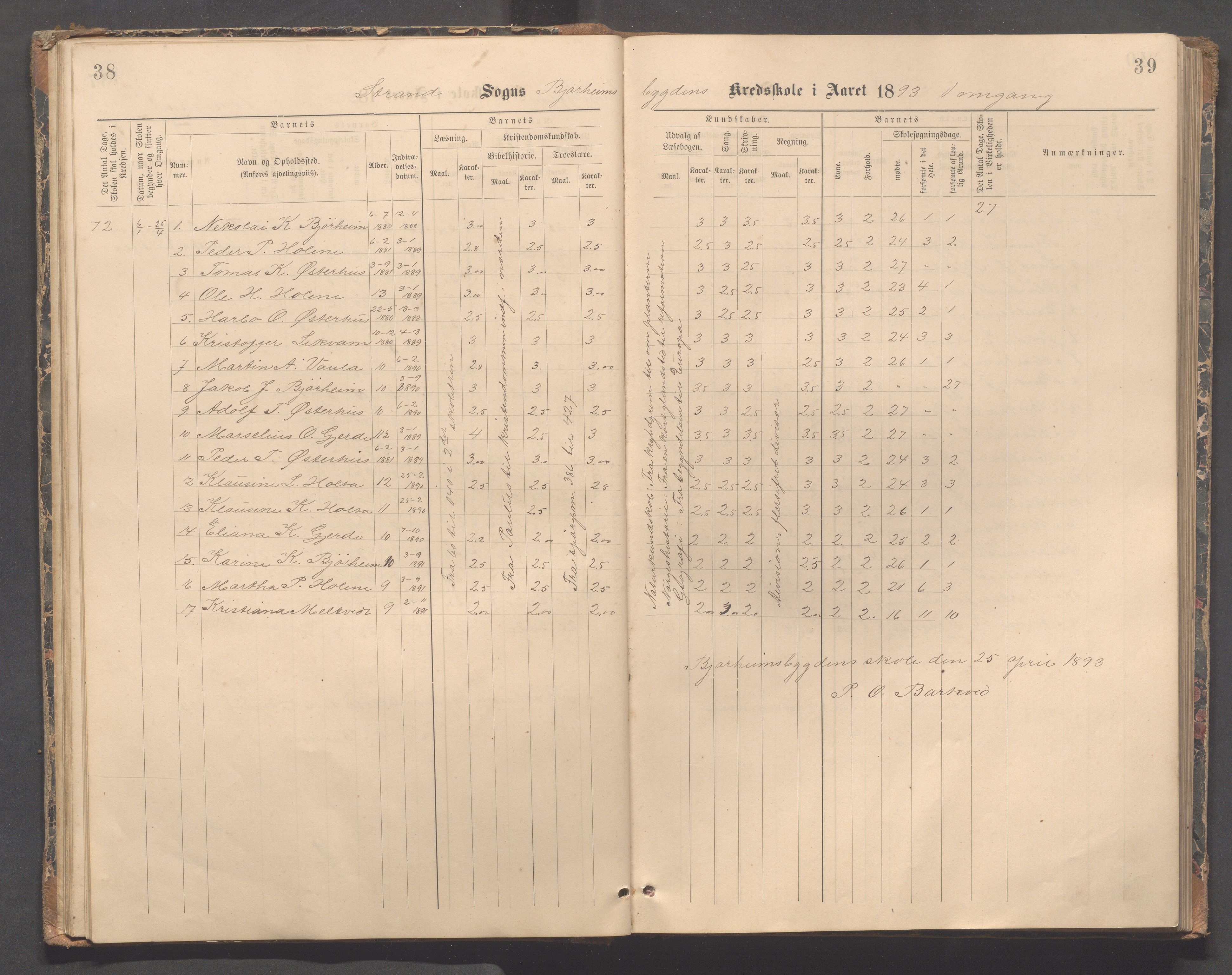 Strand kommune - Bjørheimsbygd skole, IKAR/A-147/H/L0002: Skoleprotokoll for Bjørheimsbygd og Lekvam krets, 1891-1907, p. 38-39