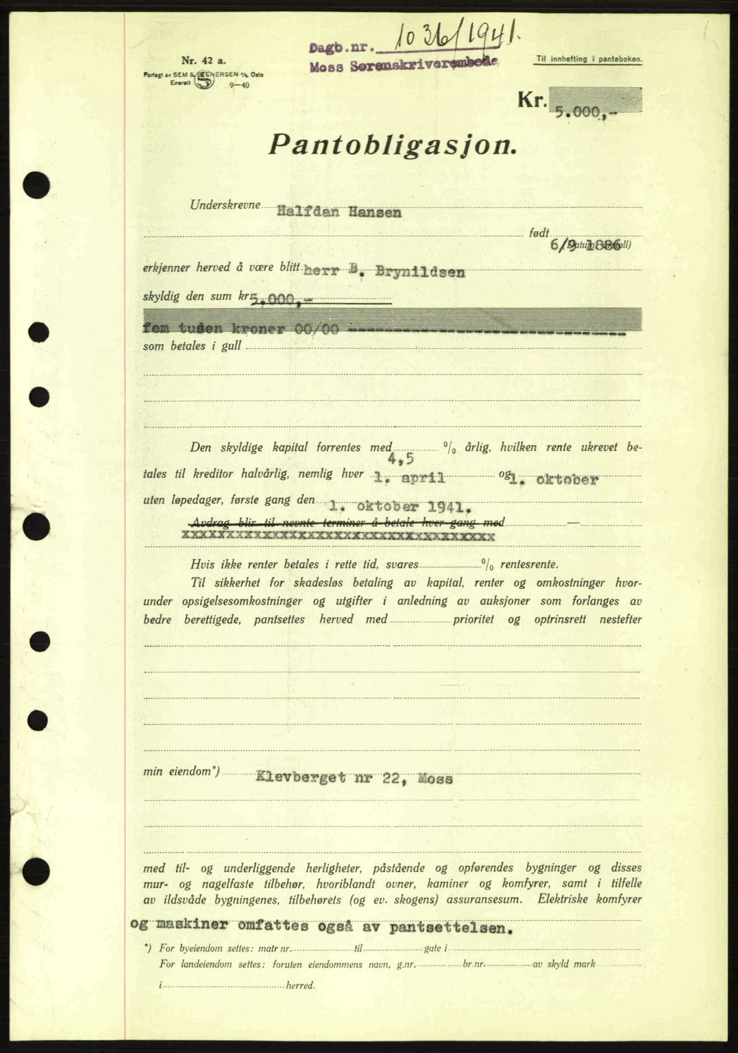 Moss sorenskriveri, SAO/A-10168: Mortgage book no. B10, 1940-1941, Diary no: : 1036/1941