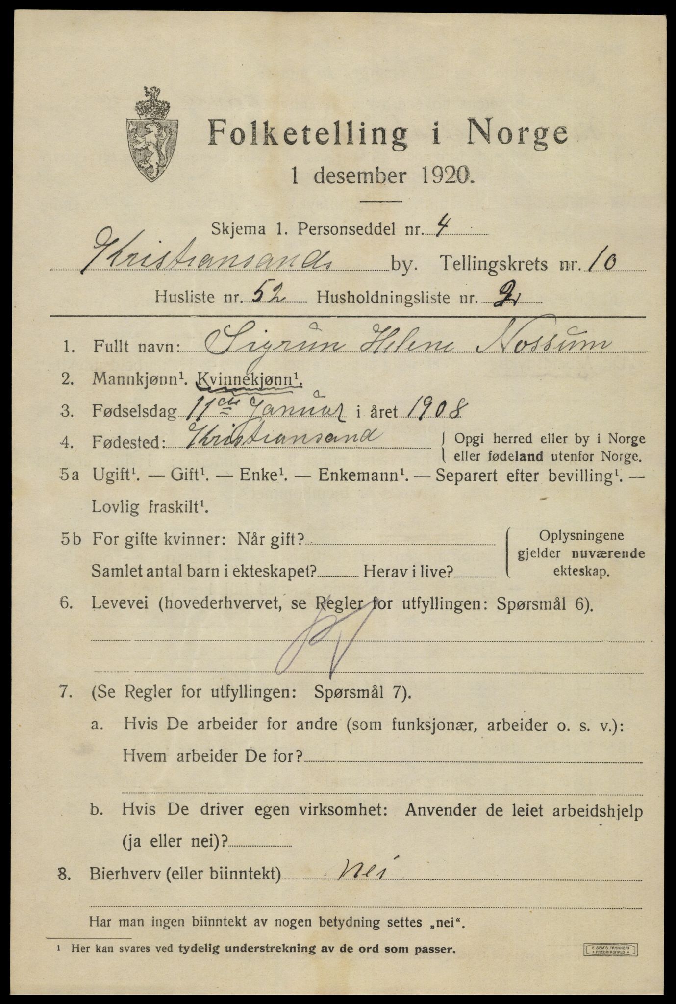 SAK, 1920 census for Kristiansand, 1920, p. 24639