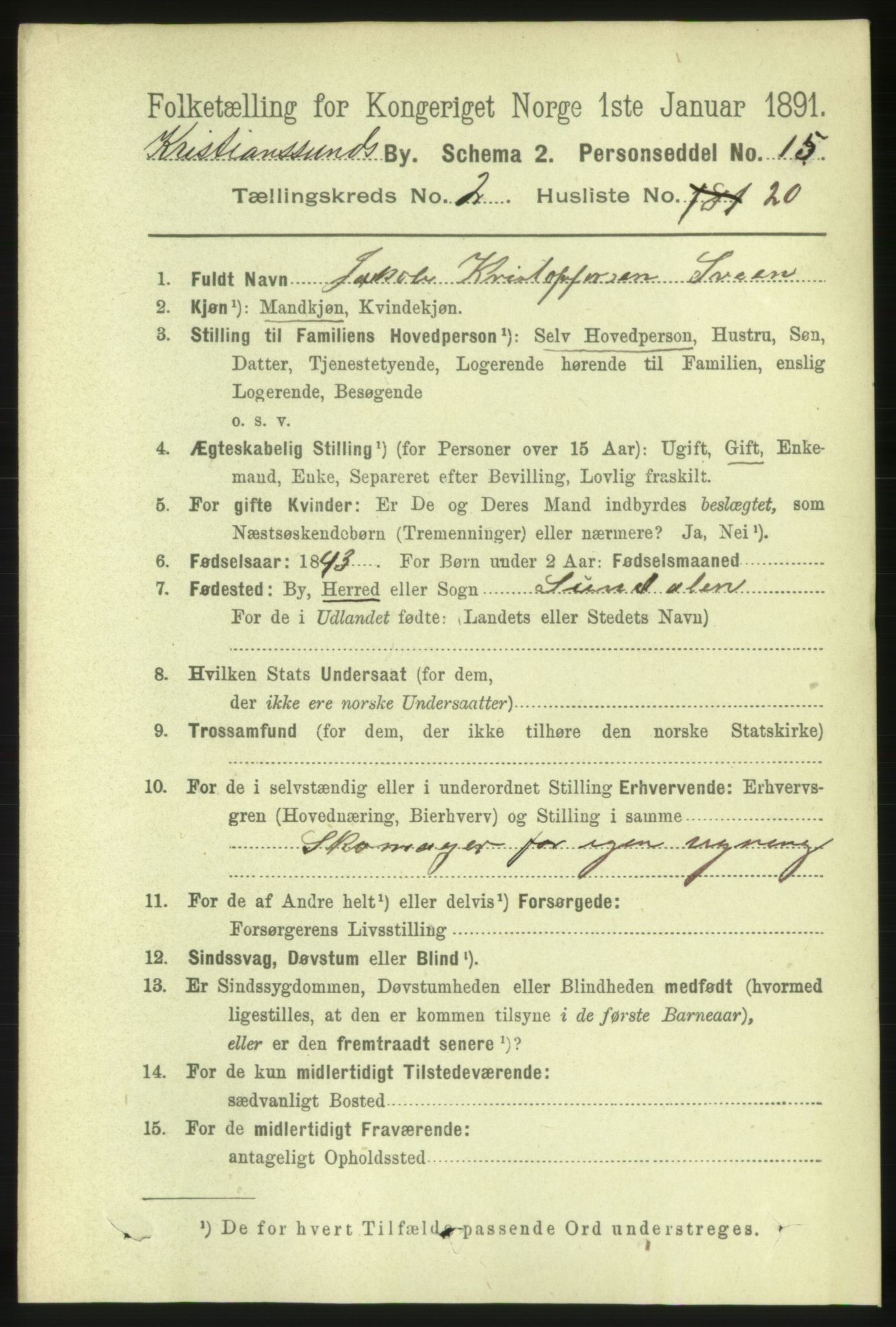 RA, 1891 census for 1503 Kristiansund, 1891, p. 2783