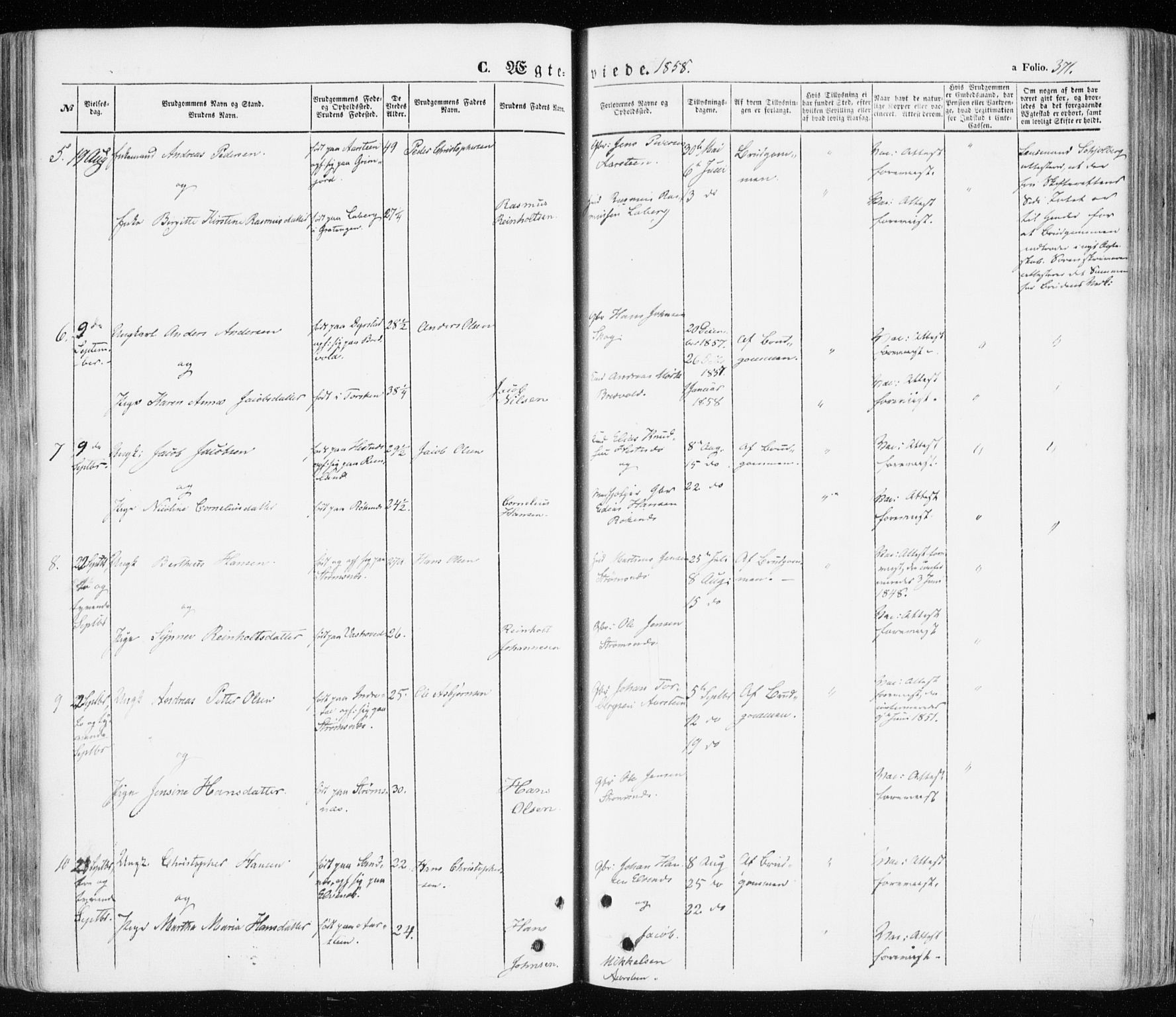 Ibestad sokneprestembete, SATØ/S-0077/H/Ha/Haa/L0008kirke: Parish register (official) no. 8, 1850-1859, p. 371