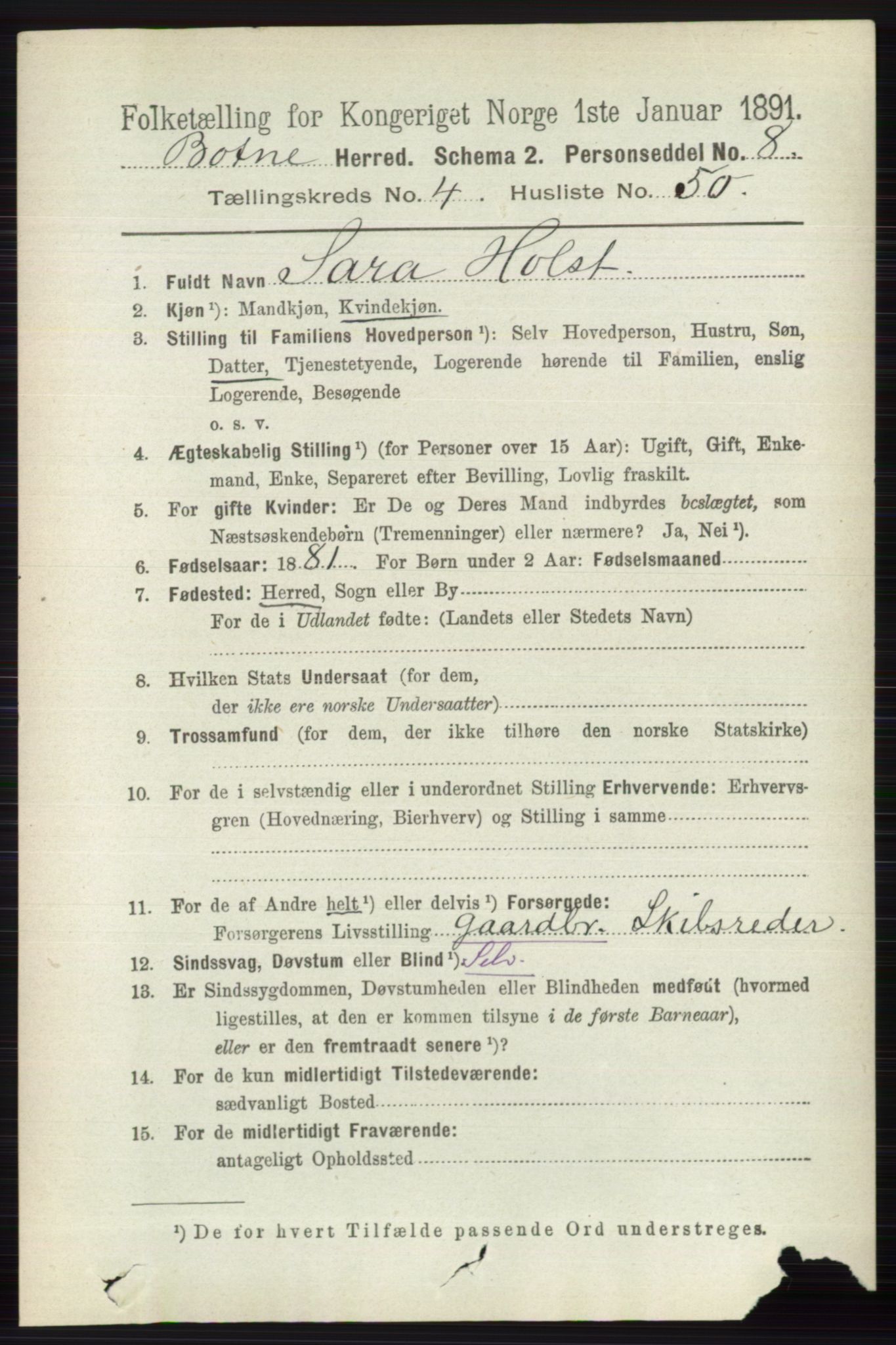 RA, 1891 census for 0715 Botne, 1891, p. 1894