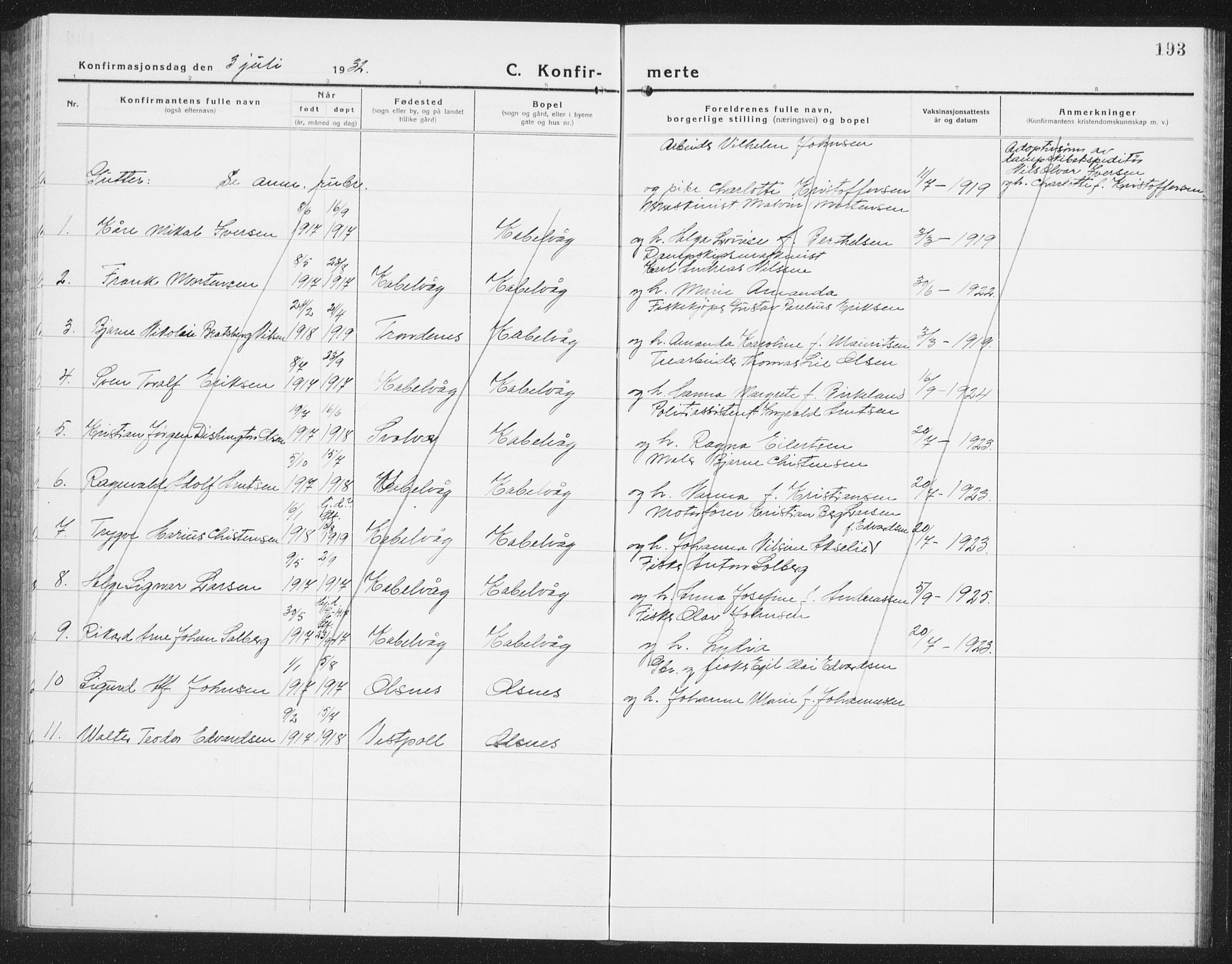 Ministerialprotokoller, klokkerbøker og fødselsregistre - Nordland, AV/SAT-A-1459/874/L1081: Parish register (copy) no. 874C10, 1925-1941, p. 193