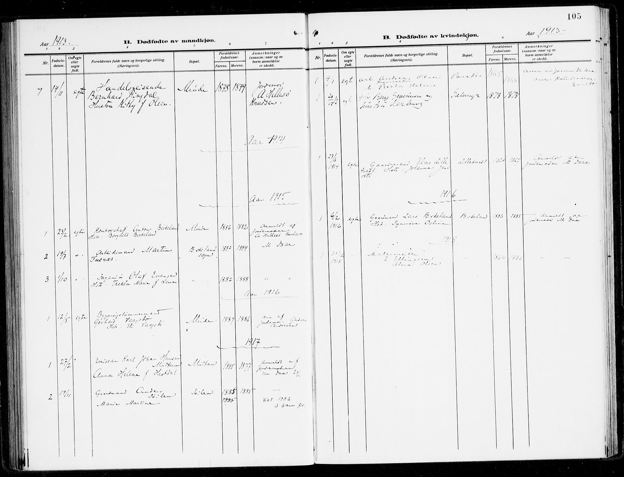 Fana Sokneprestembete, AV/SAB-A-75101/H/Haa/Haai/L0004: Parish register (official) no. I 4, 1912-1933, p. 105