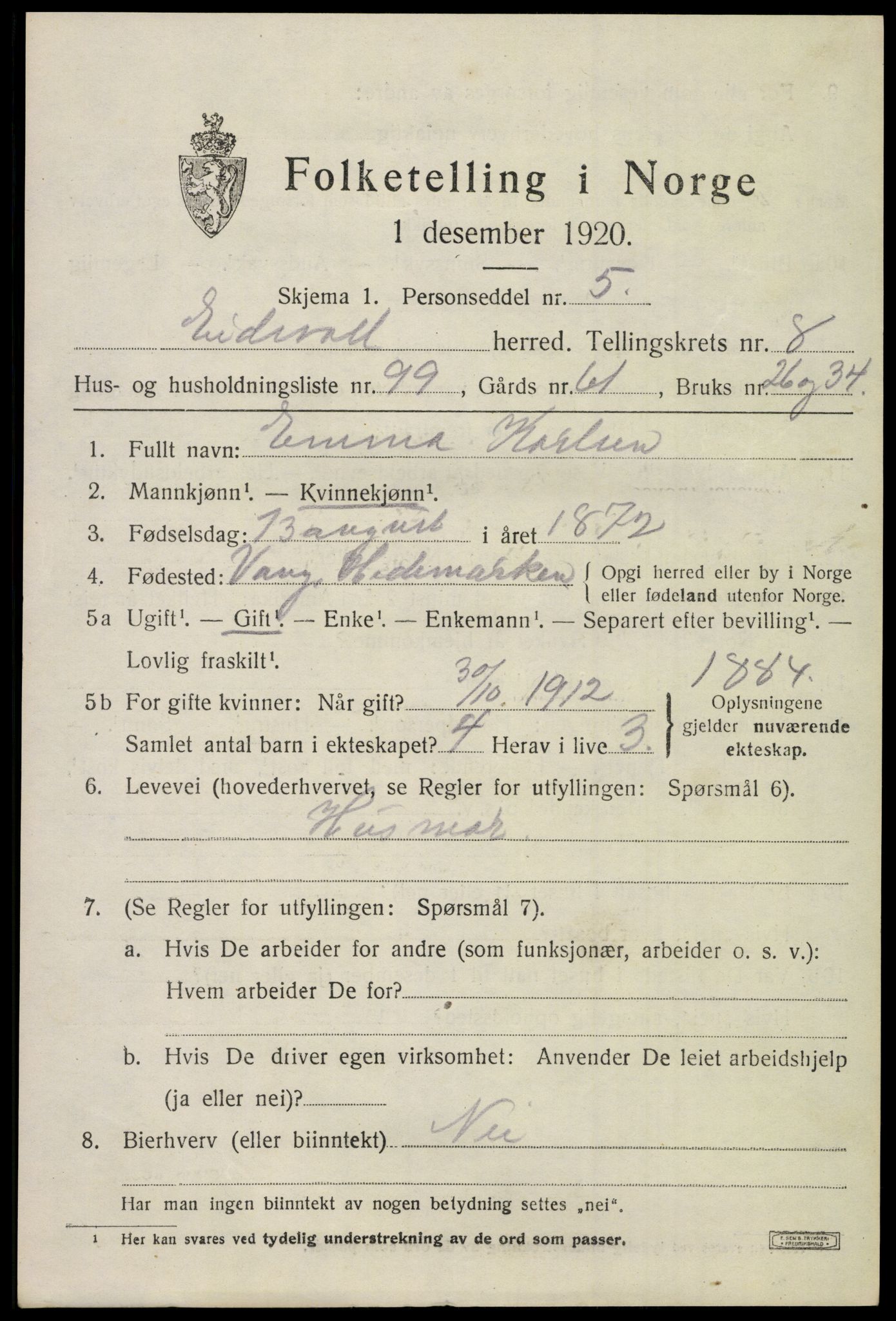 SAO, 1920 census for Eidsvoll, 1920, p. 14099