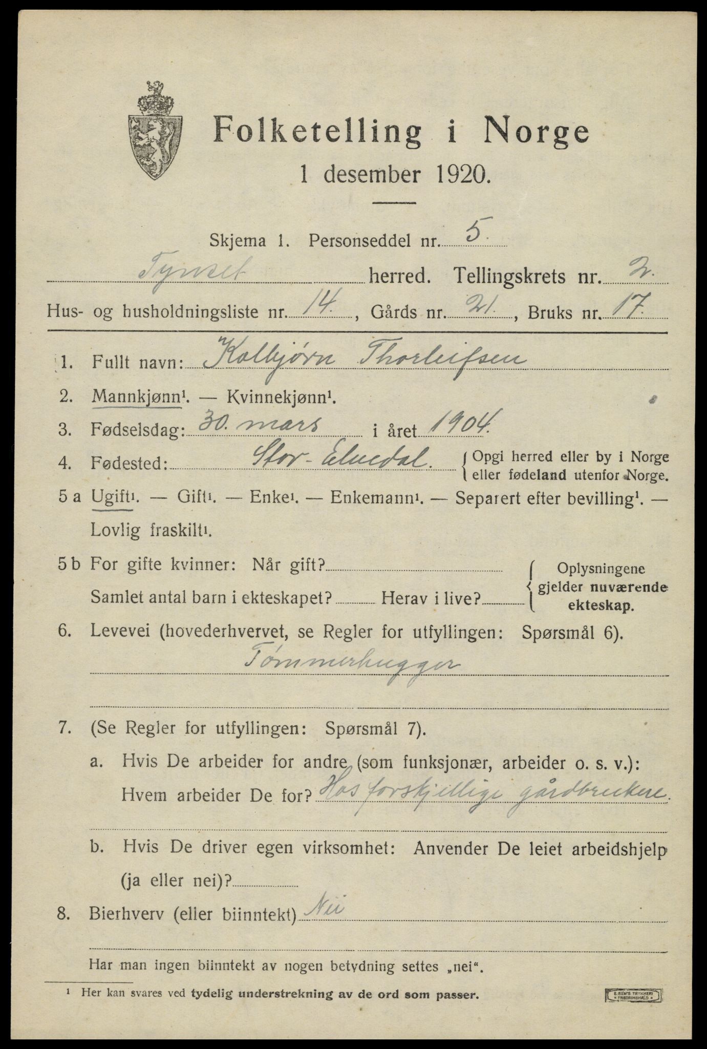 SAH, 1920 census for Tynset, 1920, p. 2454