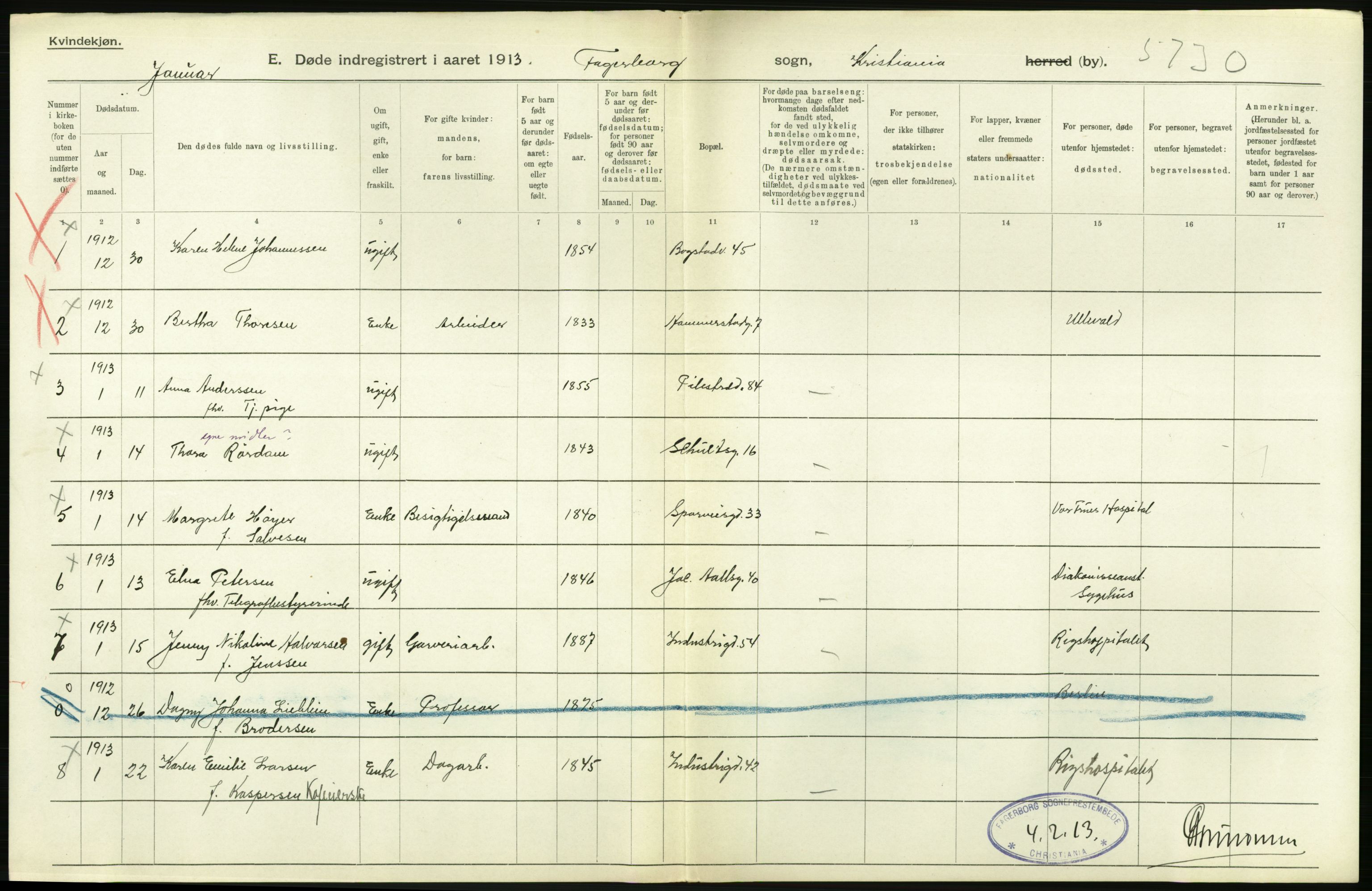 Statistisk sentralbyrå, Sosiodemografiske emner, Befolkning, RA/S-2228/D/Df/Dfb/Dfbc/L0009: Kristiania: Døde., 1913, p. 132