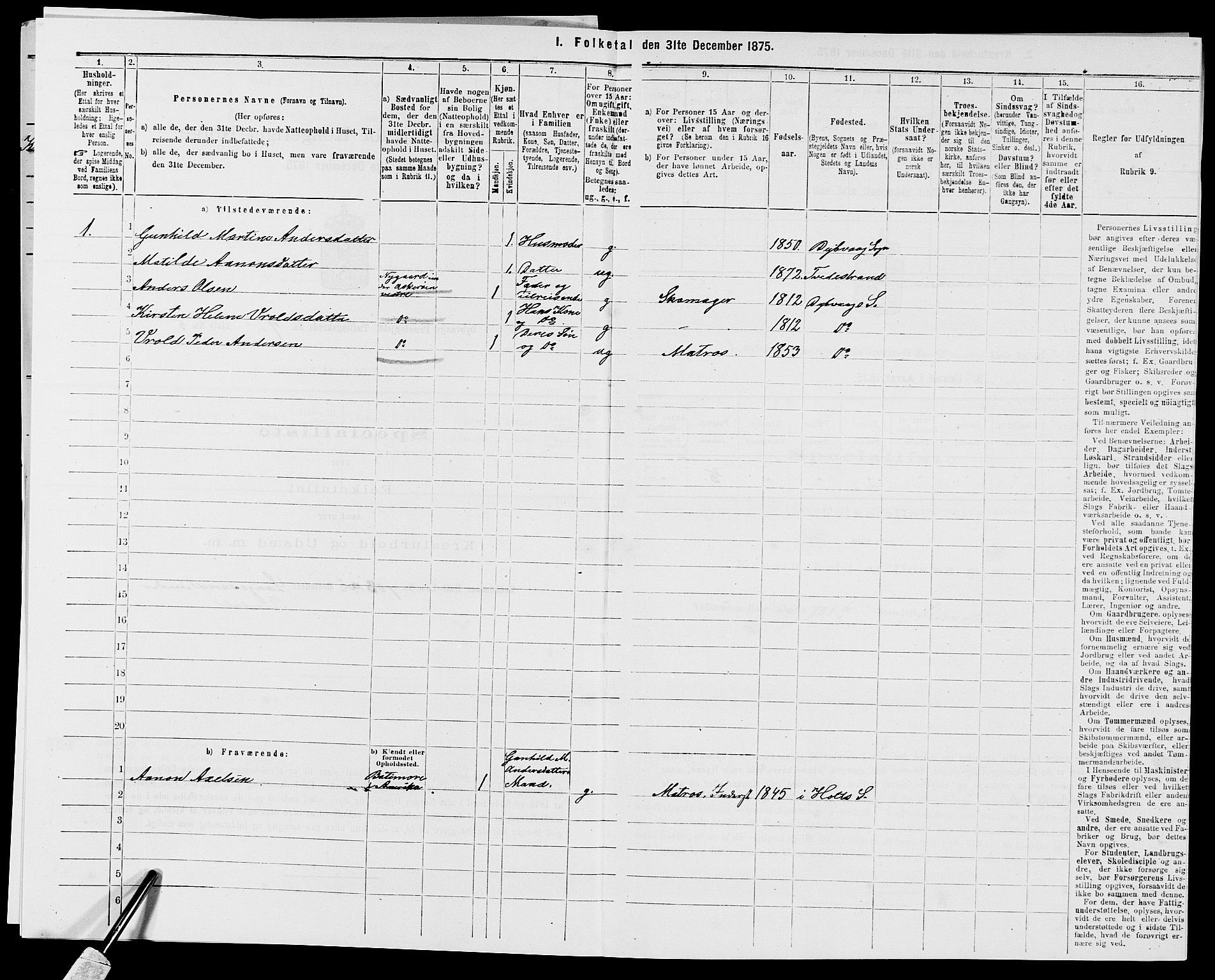 SAK, 1875 census for 0915P Dypvåg, 1875, p. 824