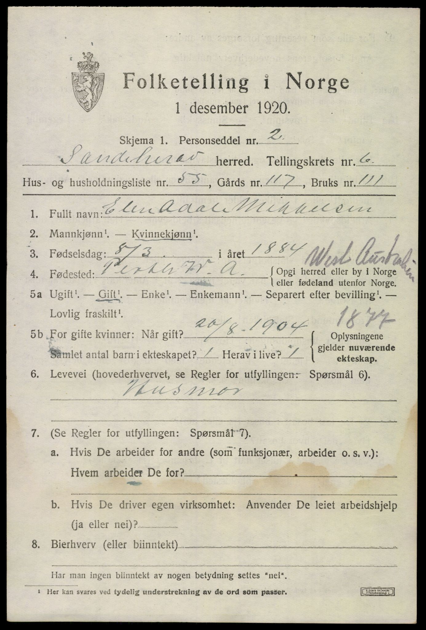 SAKO, 1920 census for Sandeherred, 1920, p. 10306