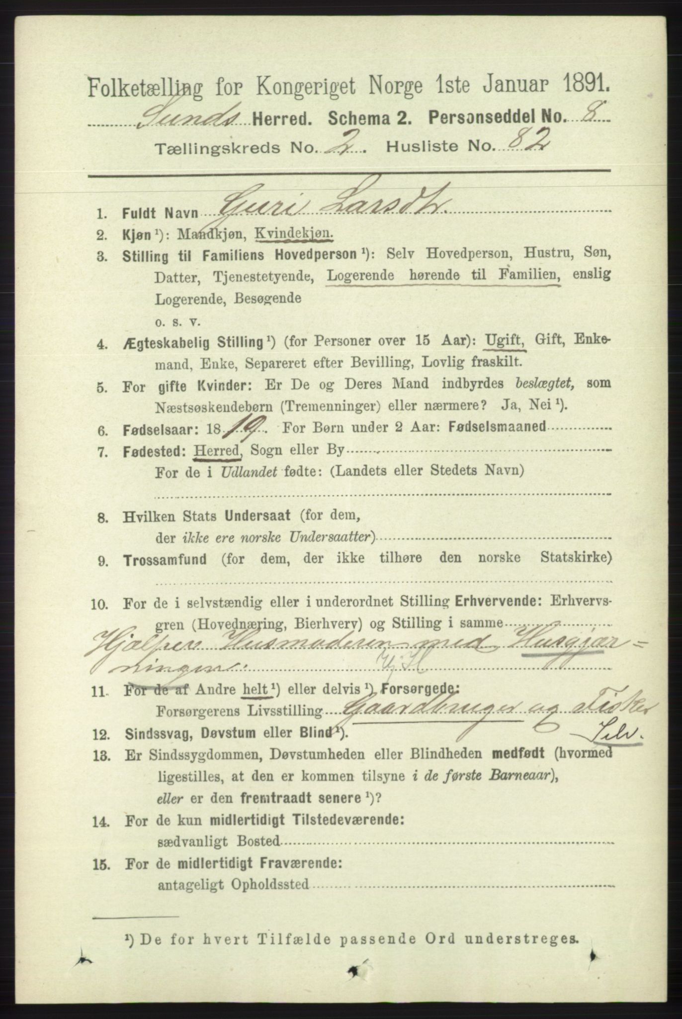 RA, 1891 census for 1245 Sund, 1891, p. 1126