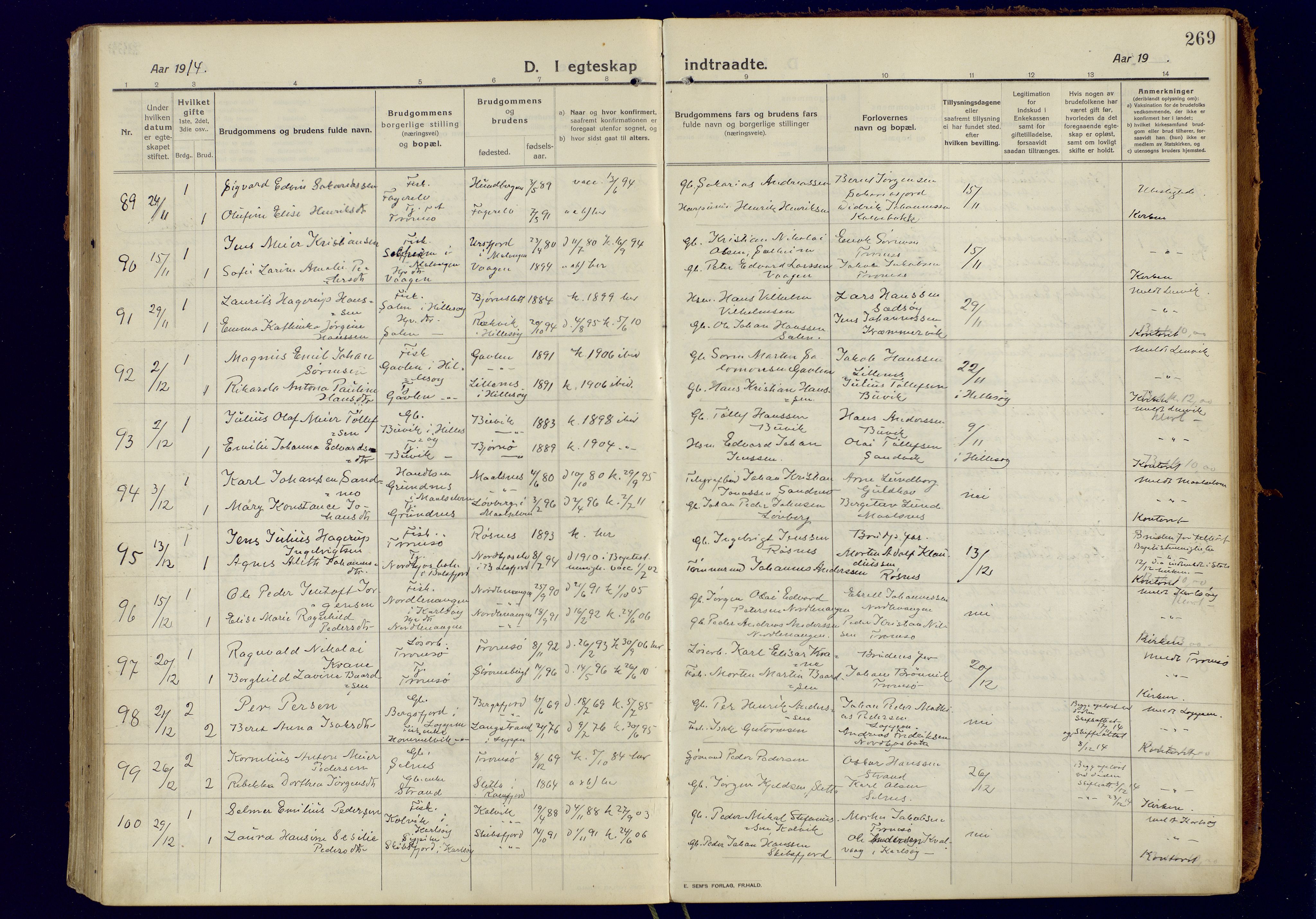 Tromsøysund sokneprestkontor, AV/SATØ-S-1304/G/Ga/L0008kirke: Parish register (official) no. 8, 1914-1922, p. 269