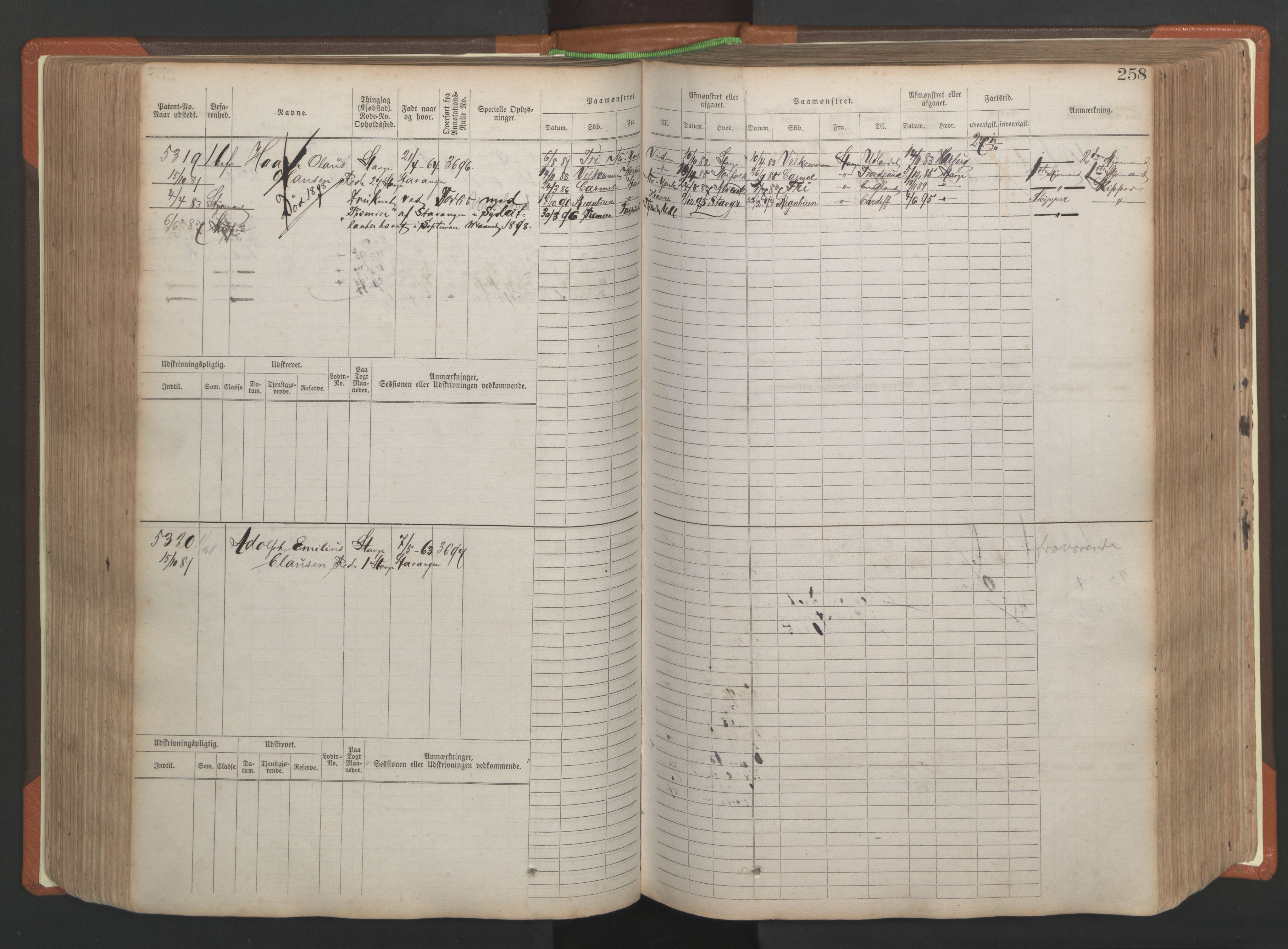 Stavanger sjømannskontor, AV/SAST-A-102006/F/Fb/Fbb/L0009: Sjøfartshovedrulle, patentnr. 4805-6006, 1879-1887, p. 264