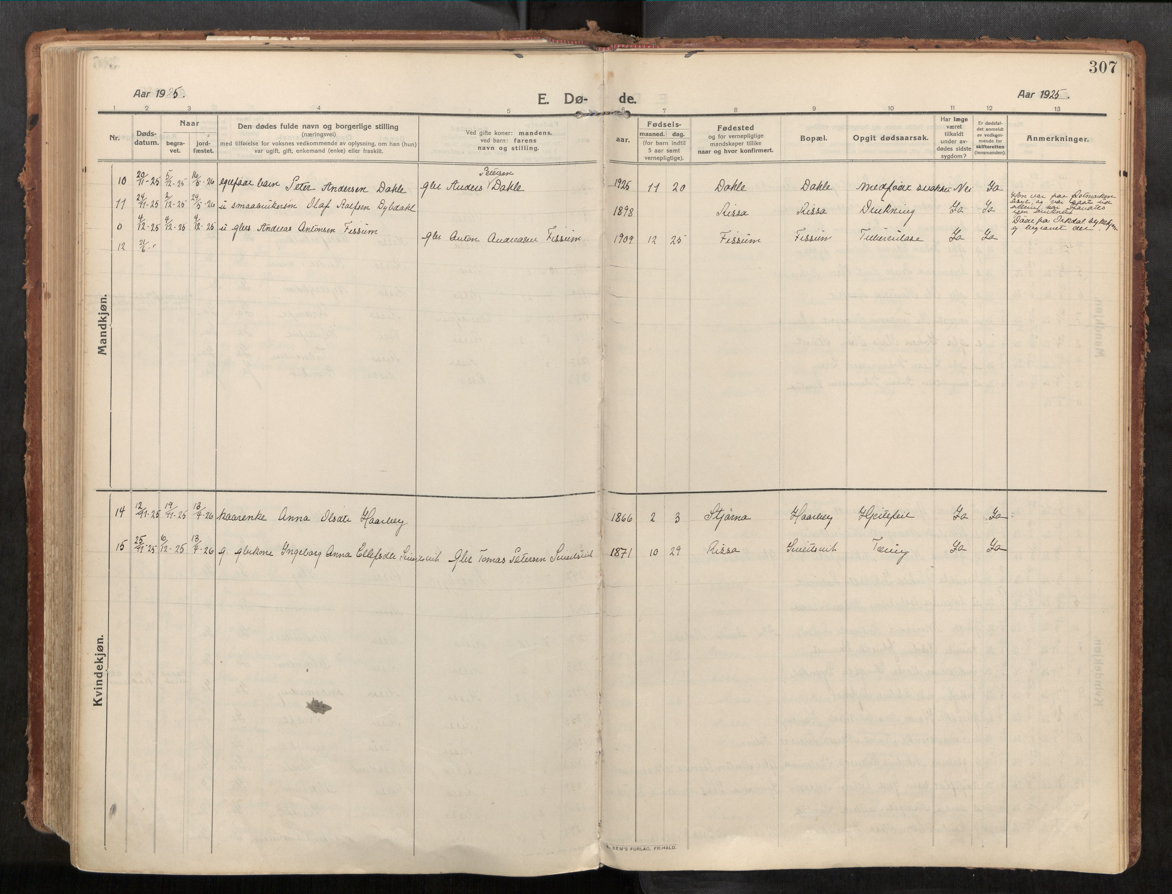 Stadsbygd sokneprestkontor, SAT/A-1117/1/I/I1/I1a/L0001: Parish register (official) no. 1, 1911-1929, p. 307