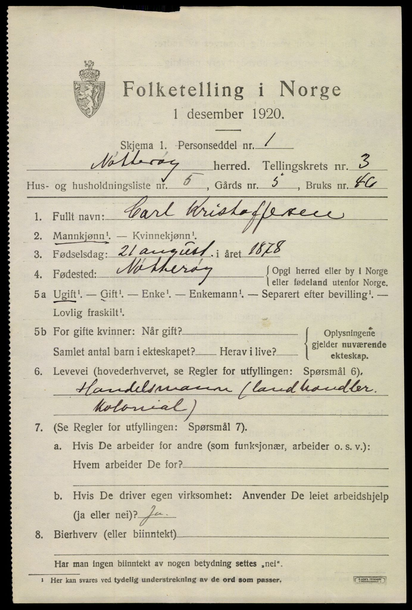 SAKO, 1920 census for Nøtterøy, 1920, p. 5587