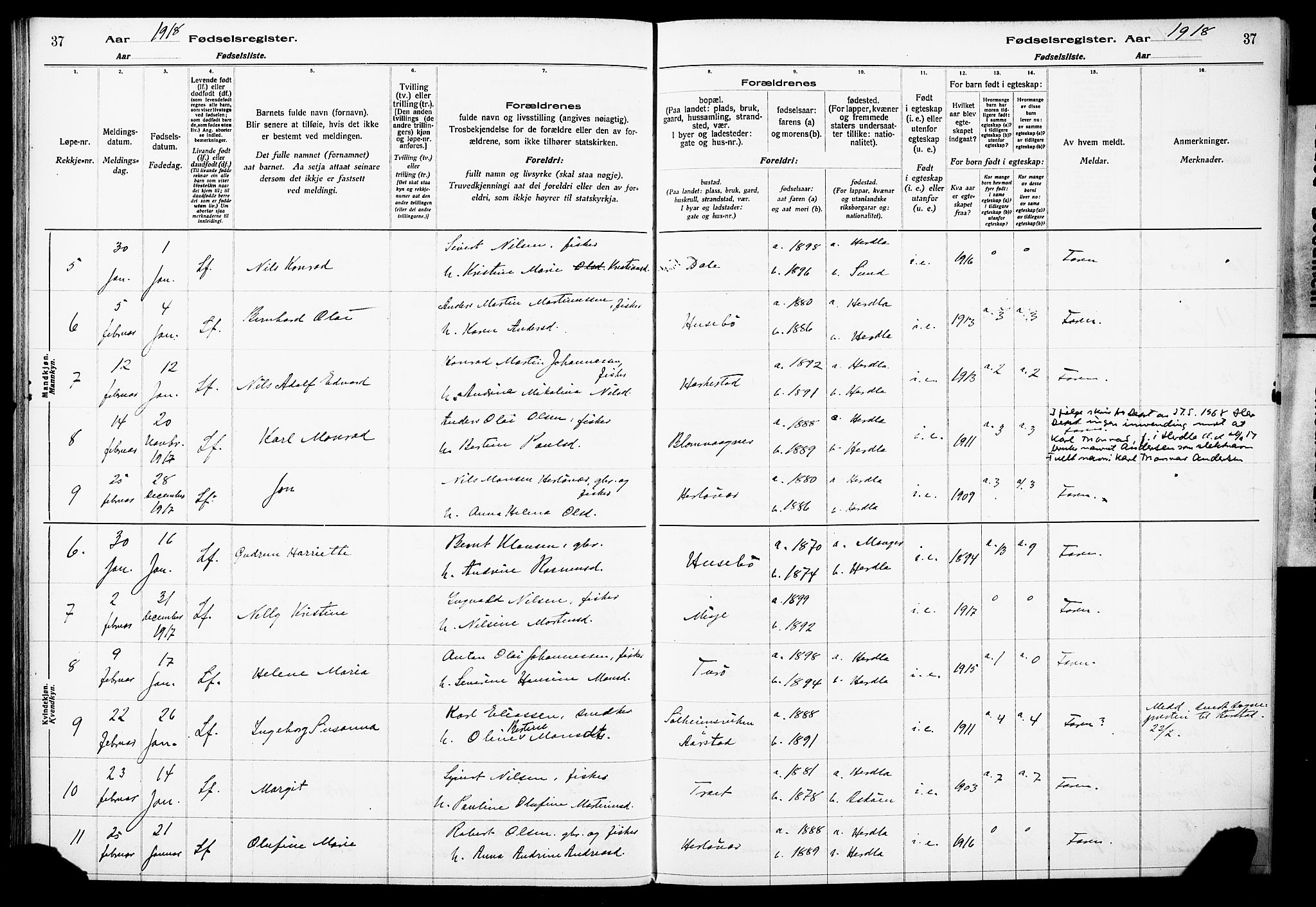 Herdla Sokneprestembete, SAB/A-75701/I/Id/L00A1: Birth register no. A 1, 1916-1929, p. 37