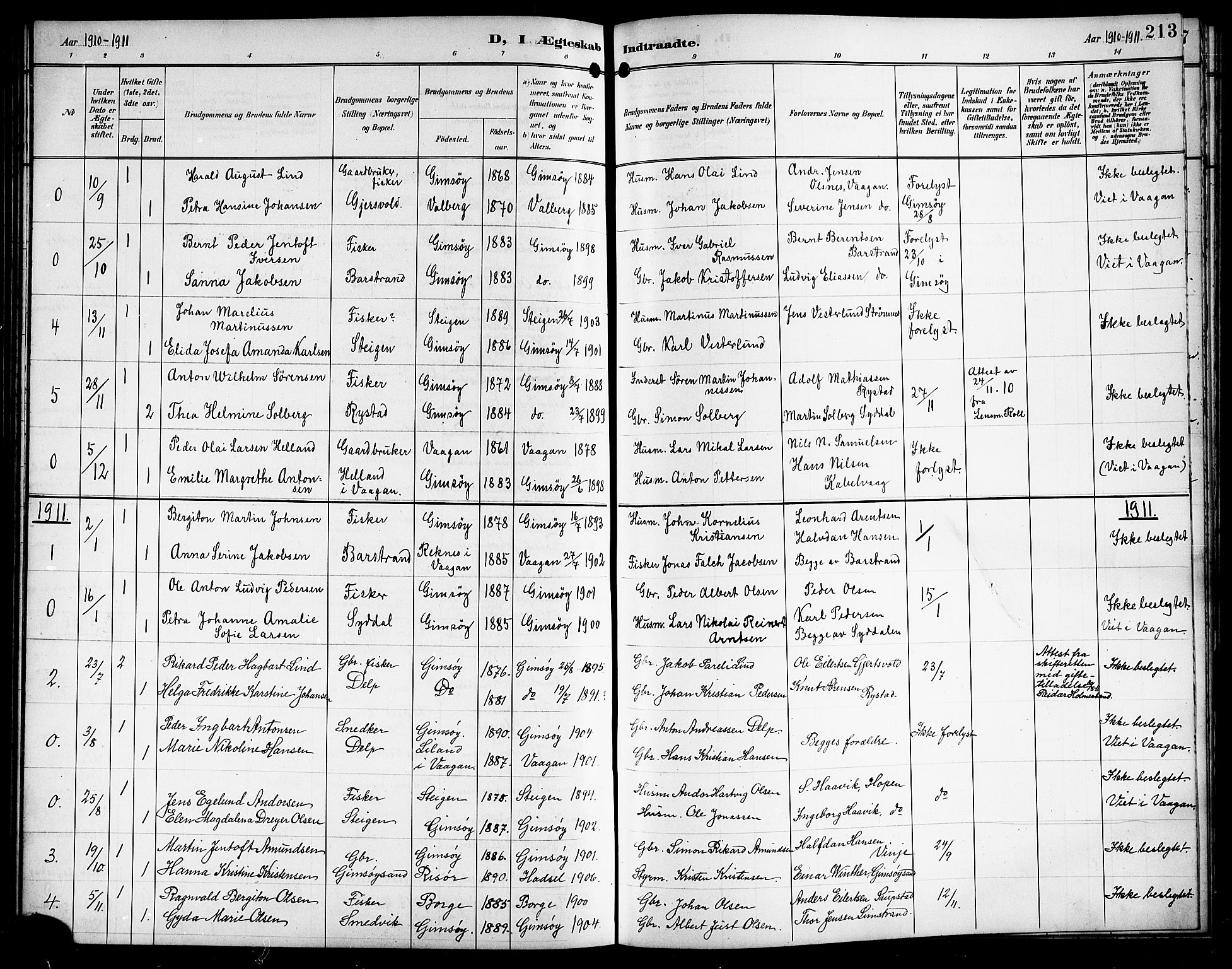 Ministerialprotokoller, klokkerbøker og fødselsregistre - Nordland, AV/SAT-A-1459/876/L1105: Parish register (copy) no. 876C04, 1896-1914, p. 213