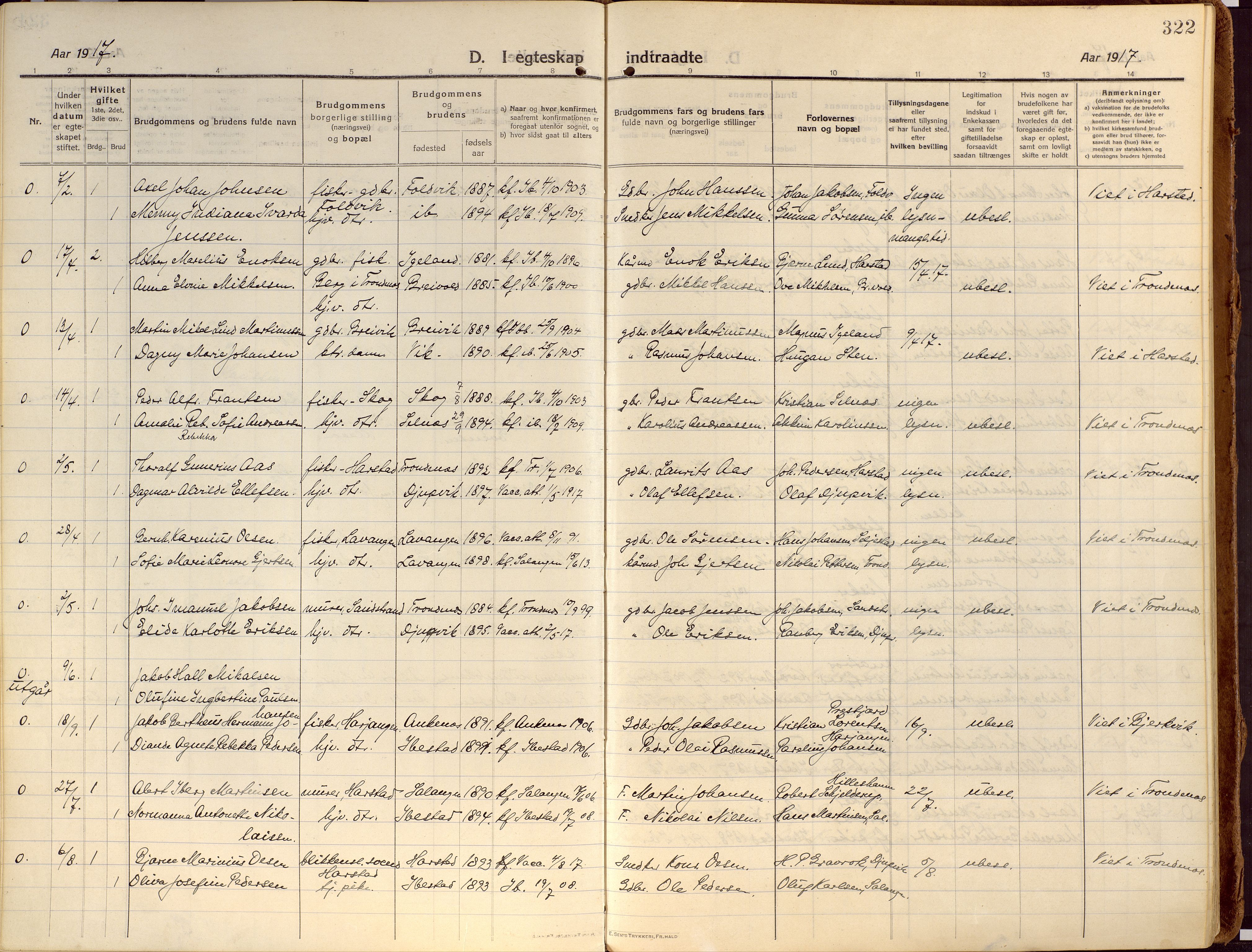 Ibestad sokneprestembete, SATØ/S-0077/H/Ha/Haa/L0018kirke: Parish register (official) no. 18, 1915-1929, p. 322