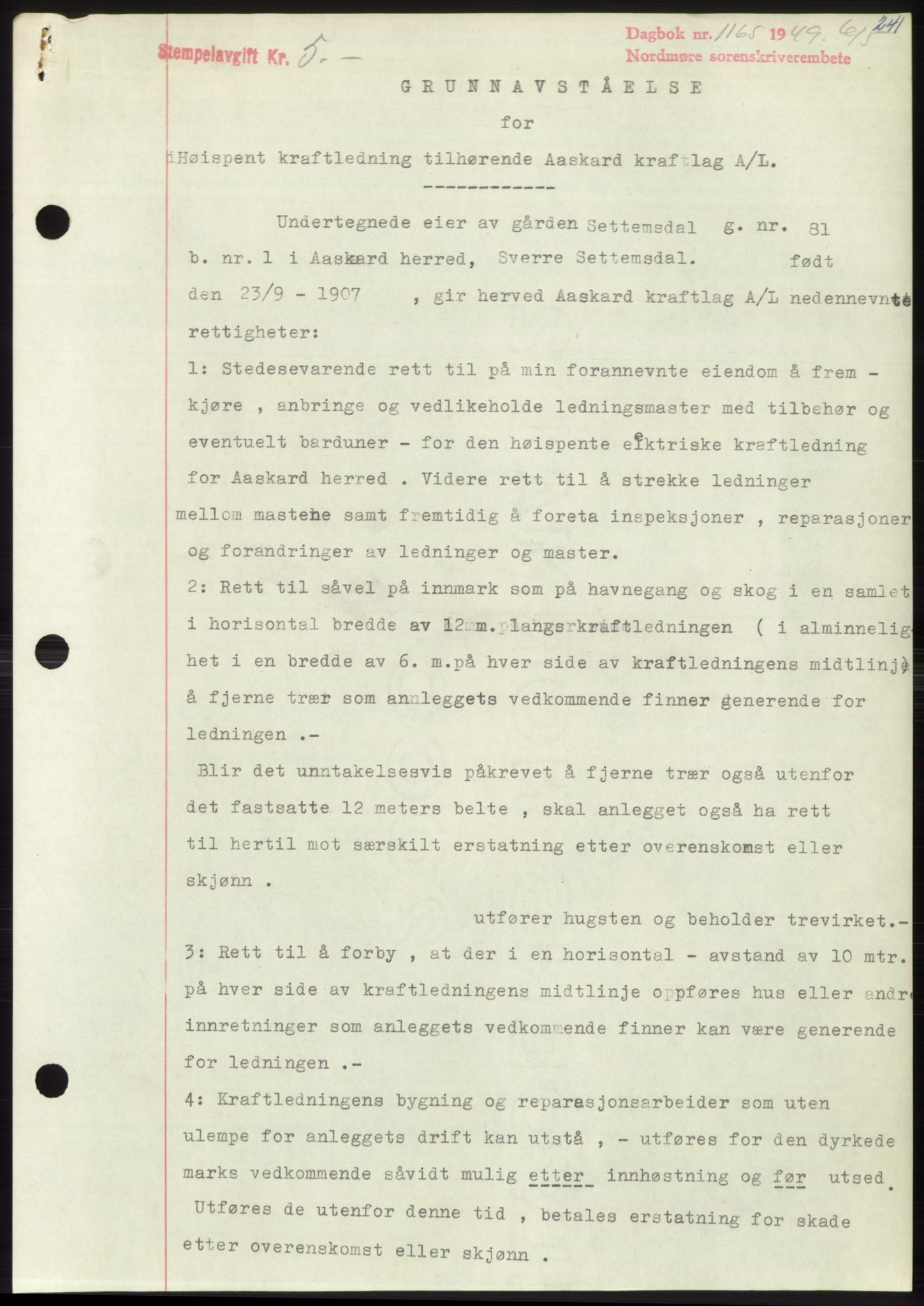 Nordmøre sorenskriveri, AV/SAT-A-4132/1/2/2Ca: Mortgage book no. B101, 1949-1949, Diary no: : 1165/1949