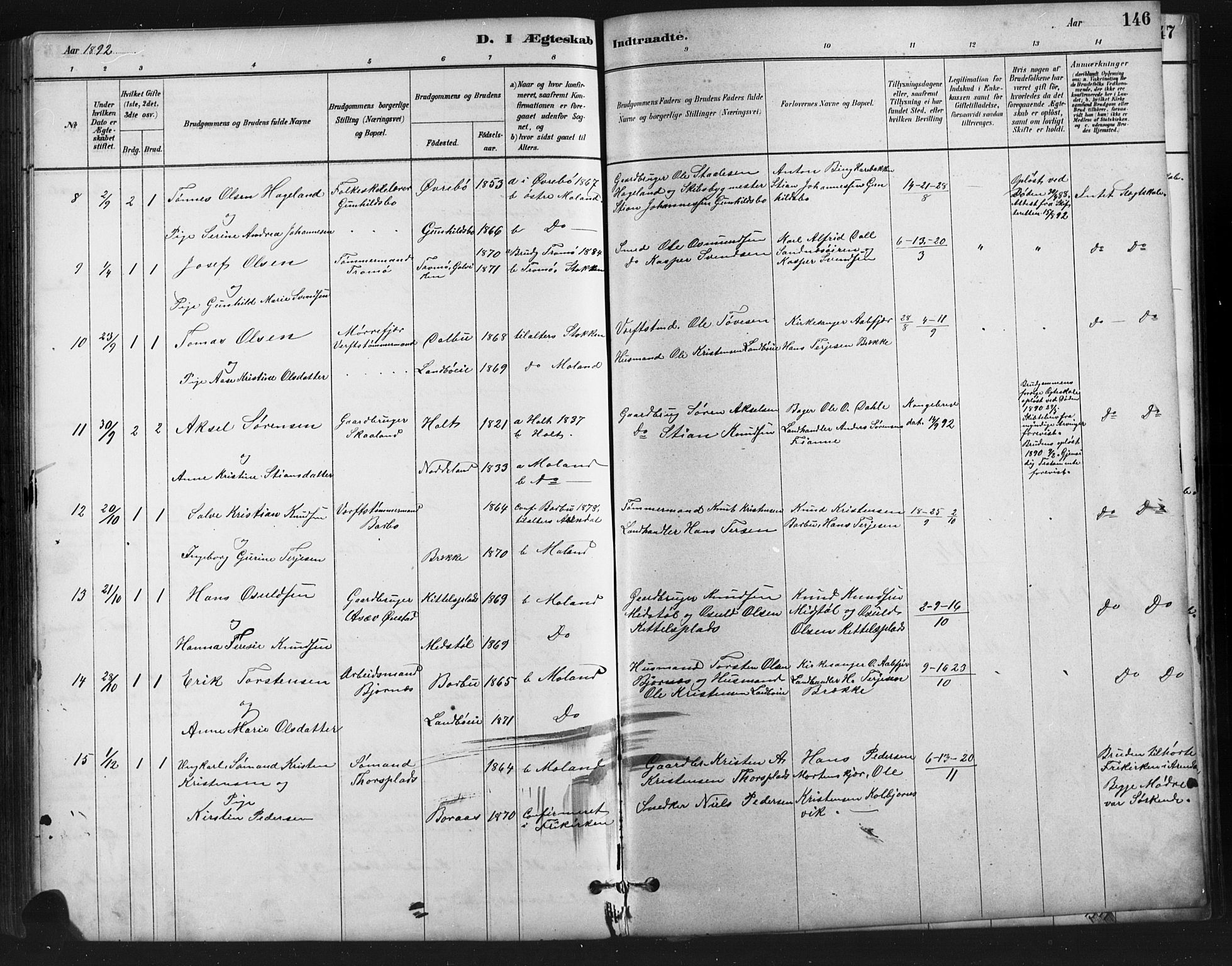 Austre Moland sokneprestkontor, SAK/1111-0001/F/Fb/Fba/L0003: Parish register (copy) no. B 3, 1879-1914, p. 146