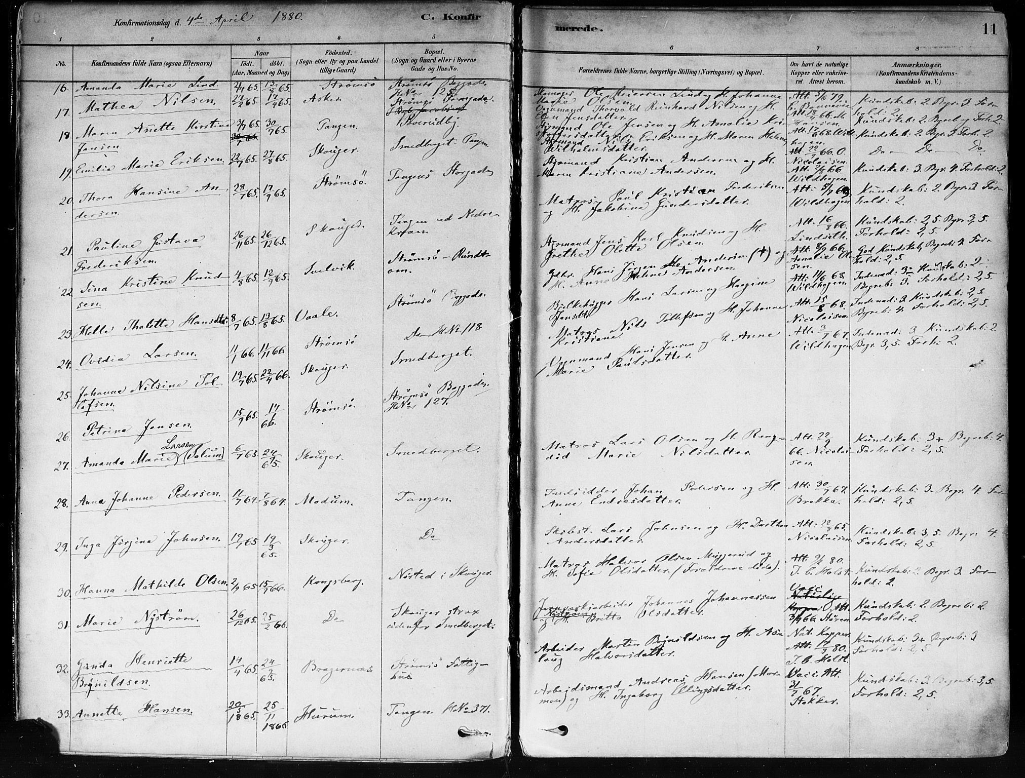 Strømsø kirkebøker, AV/SAKO-A-246/F/Fa/L0022: Parish register (official) no. I 22, 1879-1899, p. 11